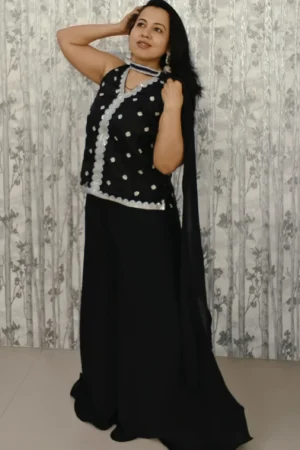 Nine2Five Black Embroidered Kurti Umbrella Palazzo Dupatta Set | 3-Piece Ethnic Co-ord Set