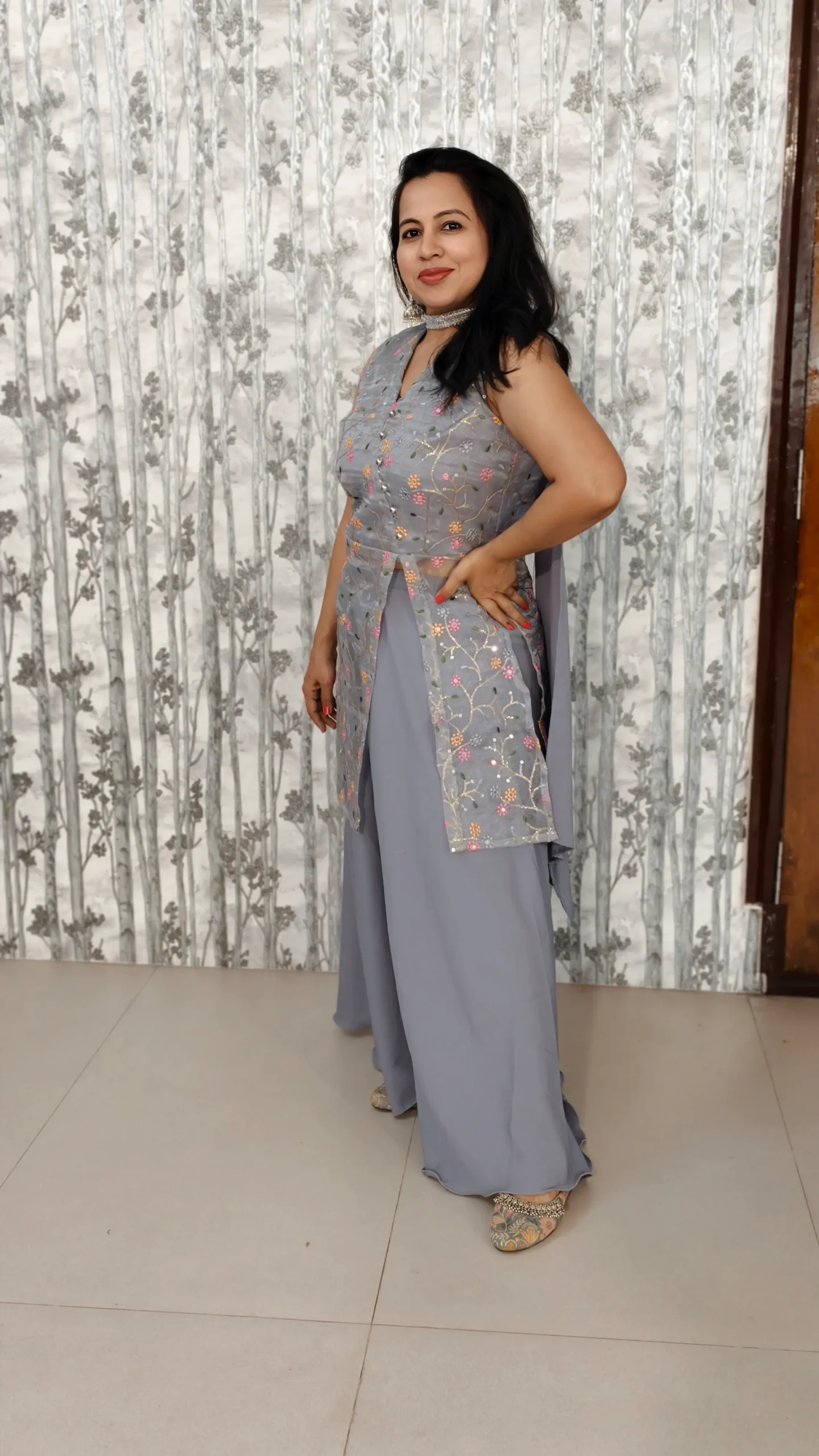 Nine2Five Women’s Grey 3-Piece Kurti Palazzo Set with Dupatta