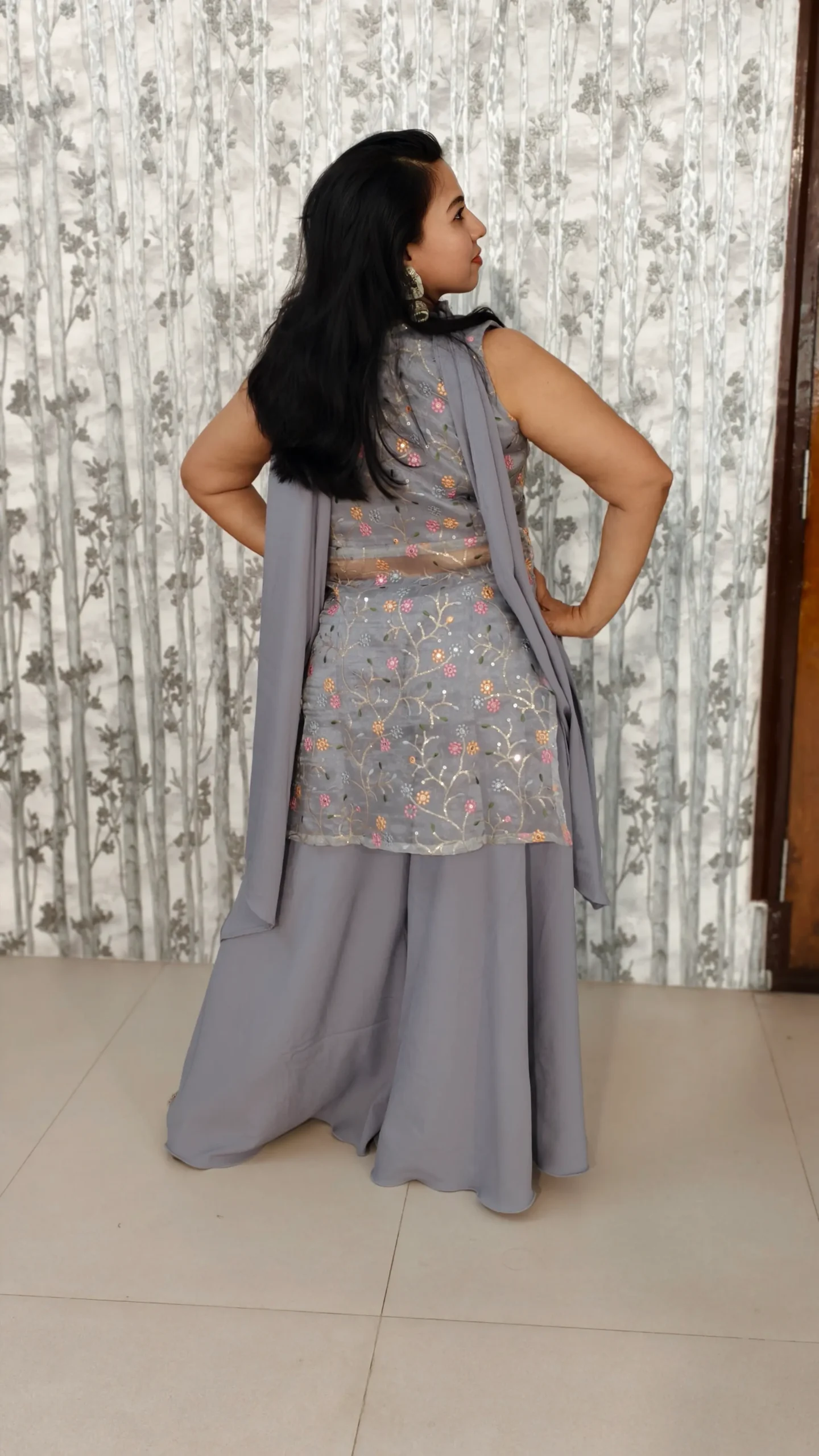 Nine2Five Women’s Grey 3-Piece Kurti Palazzo Set with Dupatta