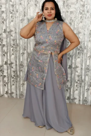 Nine2Five Women’s Grey 3-Piece Kurti Palazzo Set with Dupatta