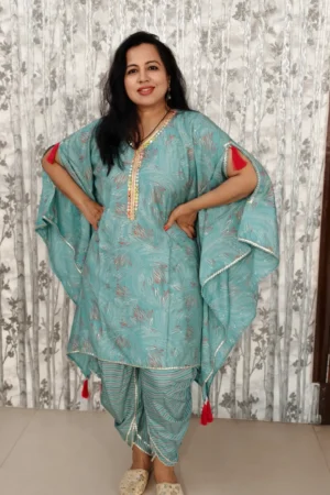 Nine2Five Women’s Teal Blue Monga Silk Kaftan Kurti with Dhoti Pants | Mirror Work Coord Set