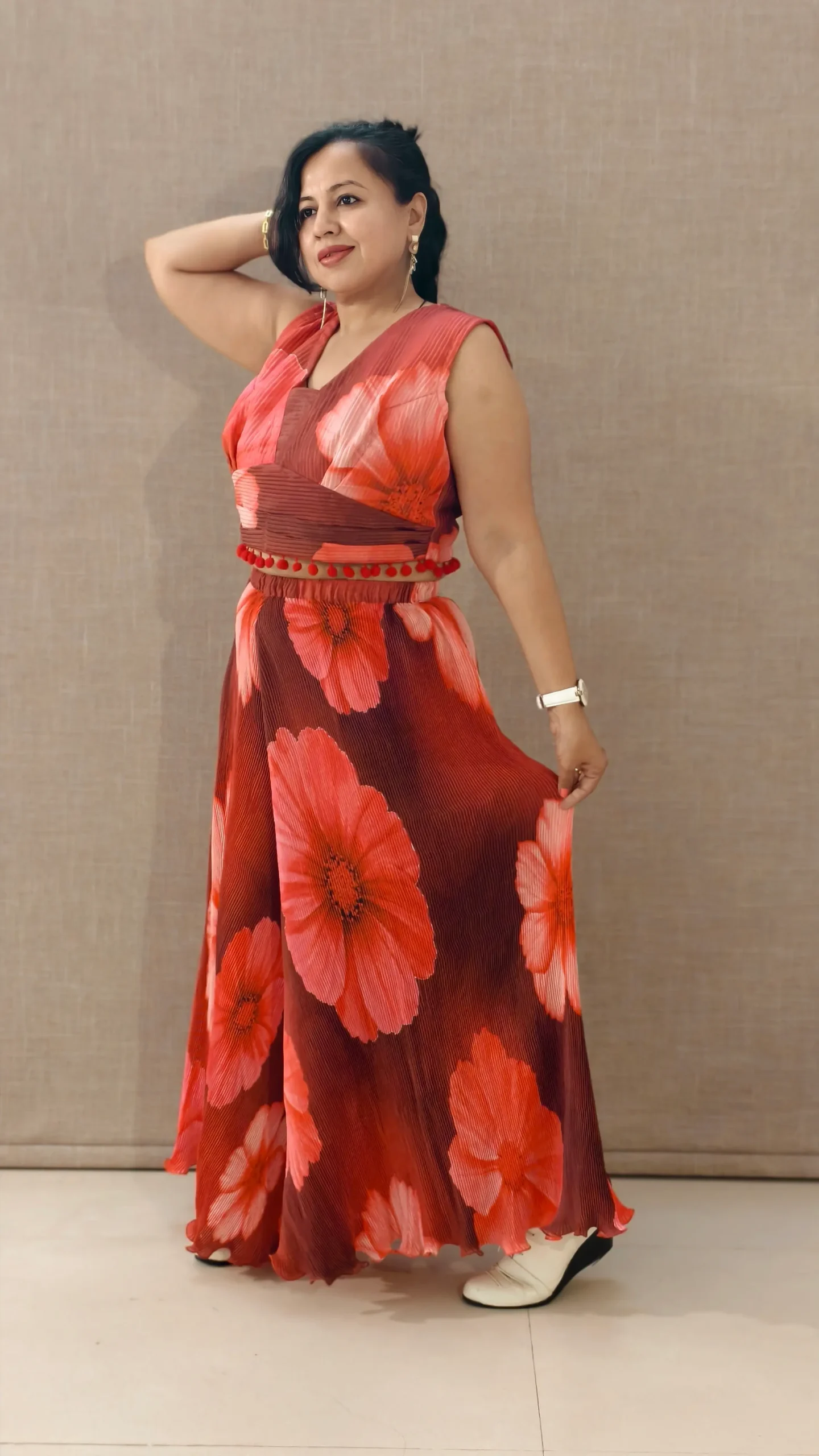 Red and pink floral digital print coord set in premium wrinkled silk fabric