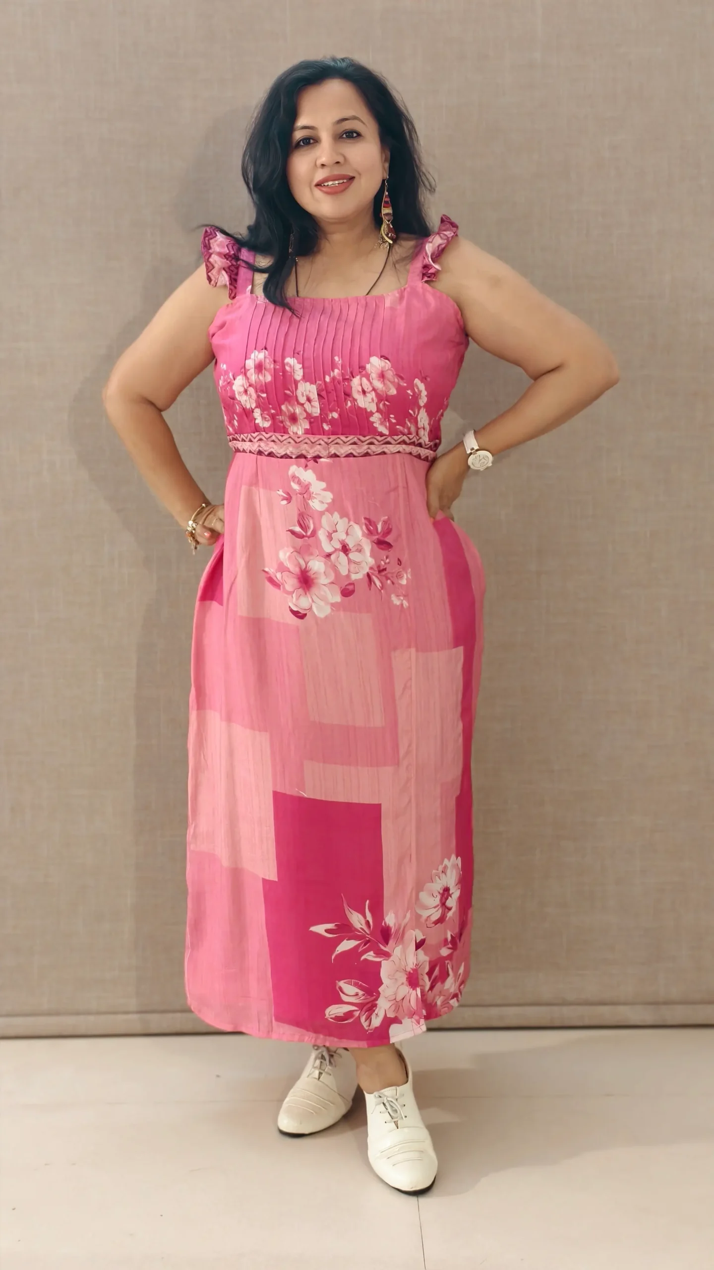 Nine2Five Pink Muslin Printed Midi Dress with Pintuck Yoke & Frill Sleeves