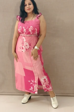 Nine2Five Pink Muslin Printed Midi Dress with Pintuck Yoke & Frill Sleeves