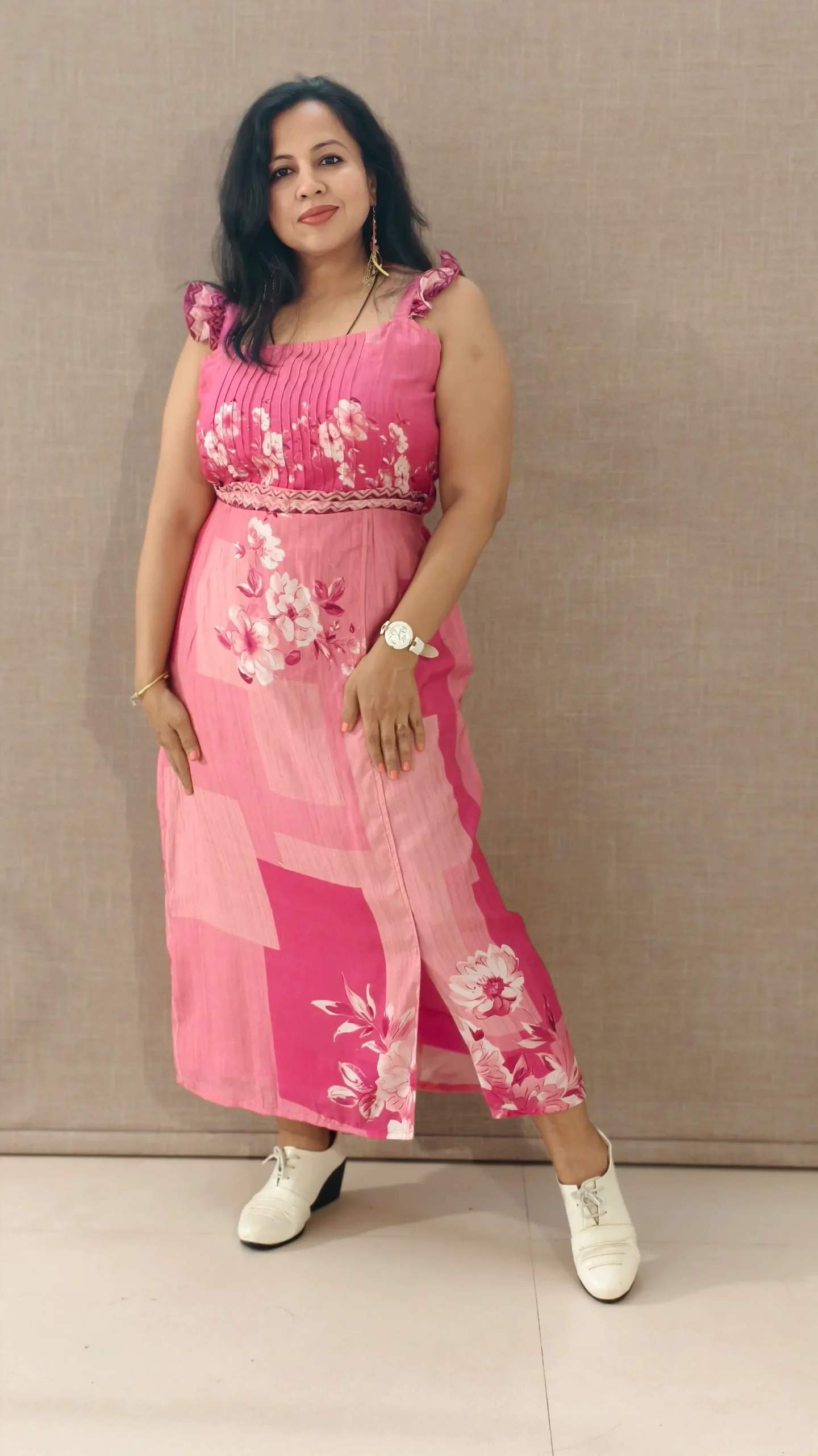 Nine2Five Pink Muslin Printed Midi Dress with Pintuck Yoke & Frill Sleeves