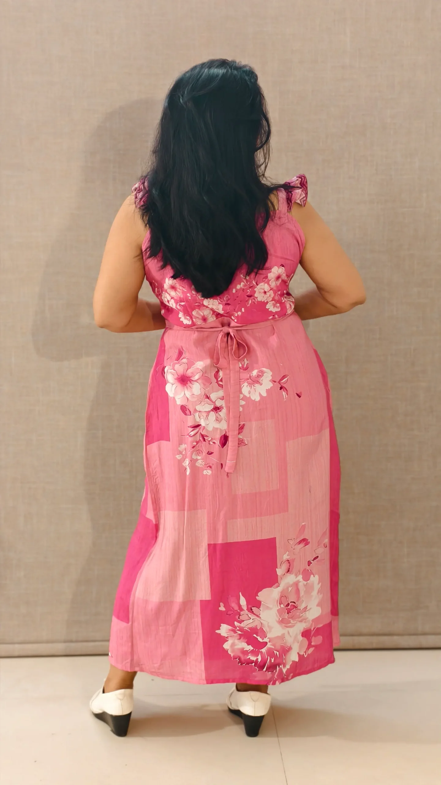 Nine2Five Pink Muslin Printed Midi Dress with Pintuck Yoke & Frill Sleeves