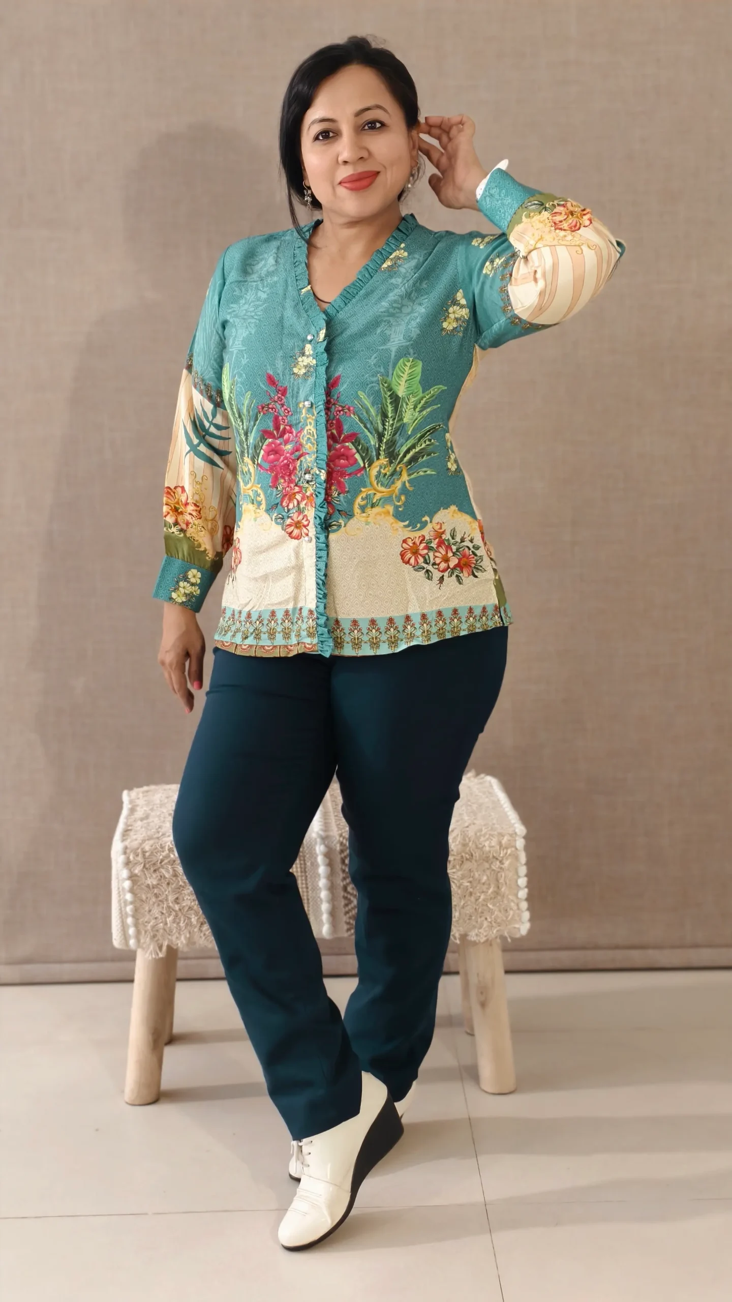 Nine2Five Teal Printed Cotton Shirt Top – Bold Summer Casual Wear
