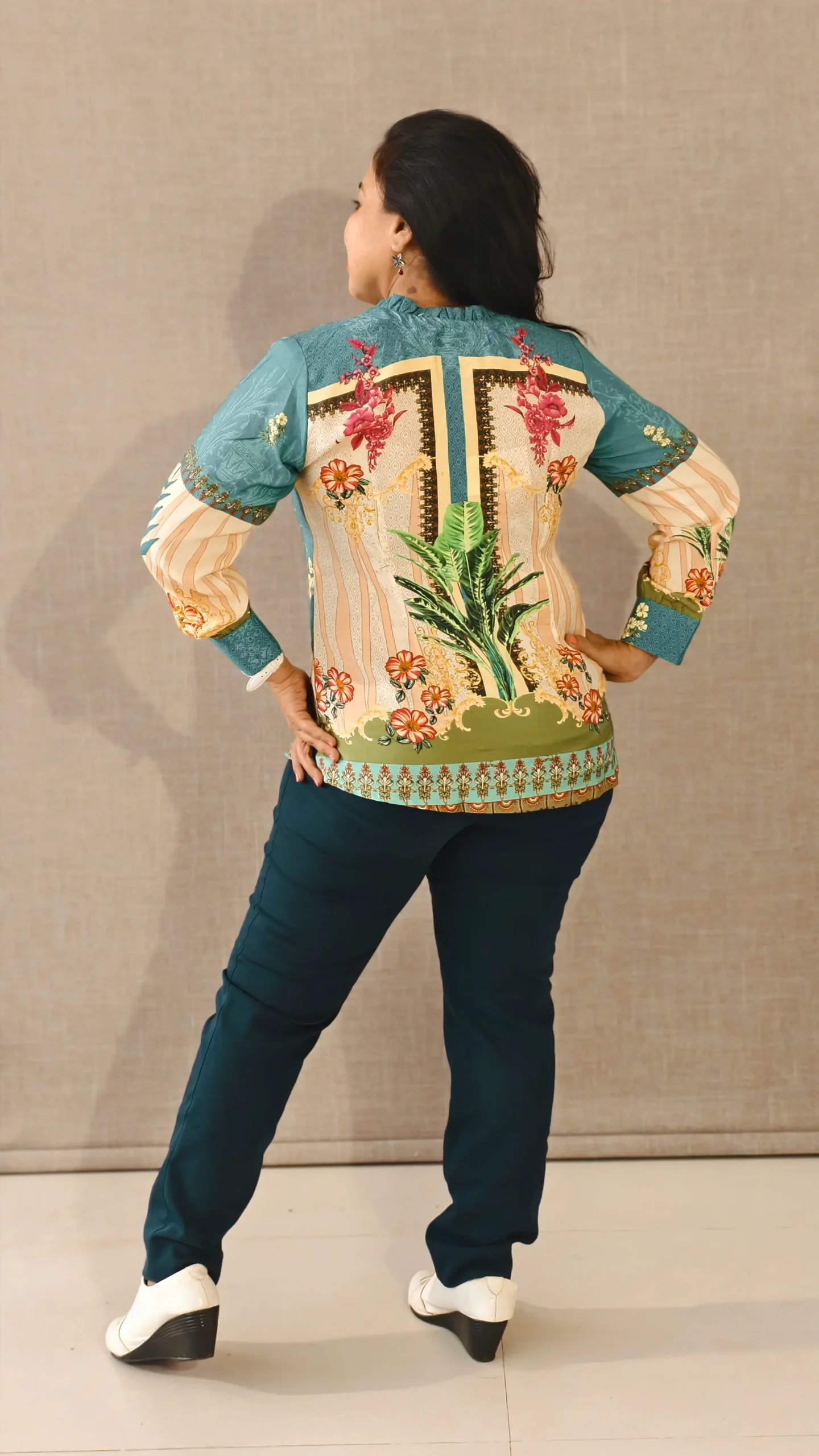 Nine2Five Teal Printed Cotton Shirt Top – Bold Summer Casual Wear