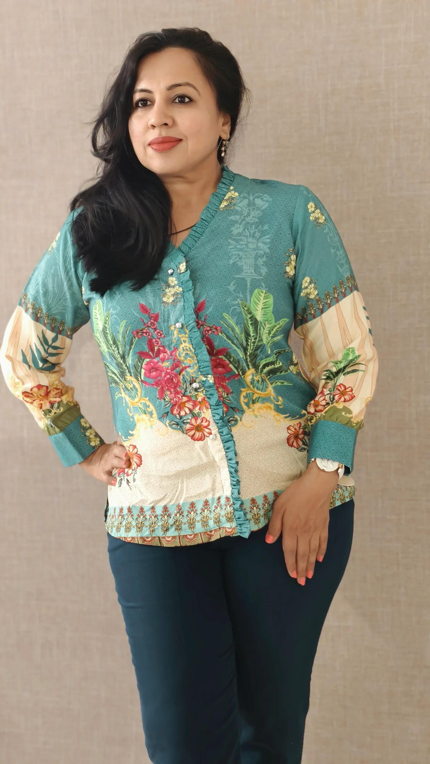 Nine2Five Teal Printed Cotton Shirt Top – Bold Summer Casual Wear