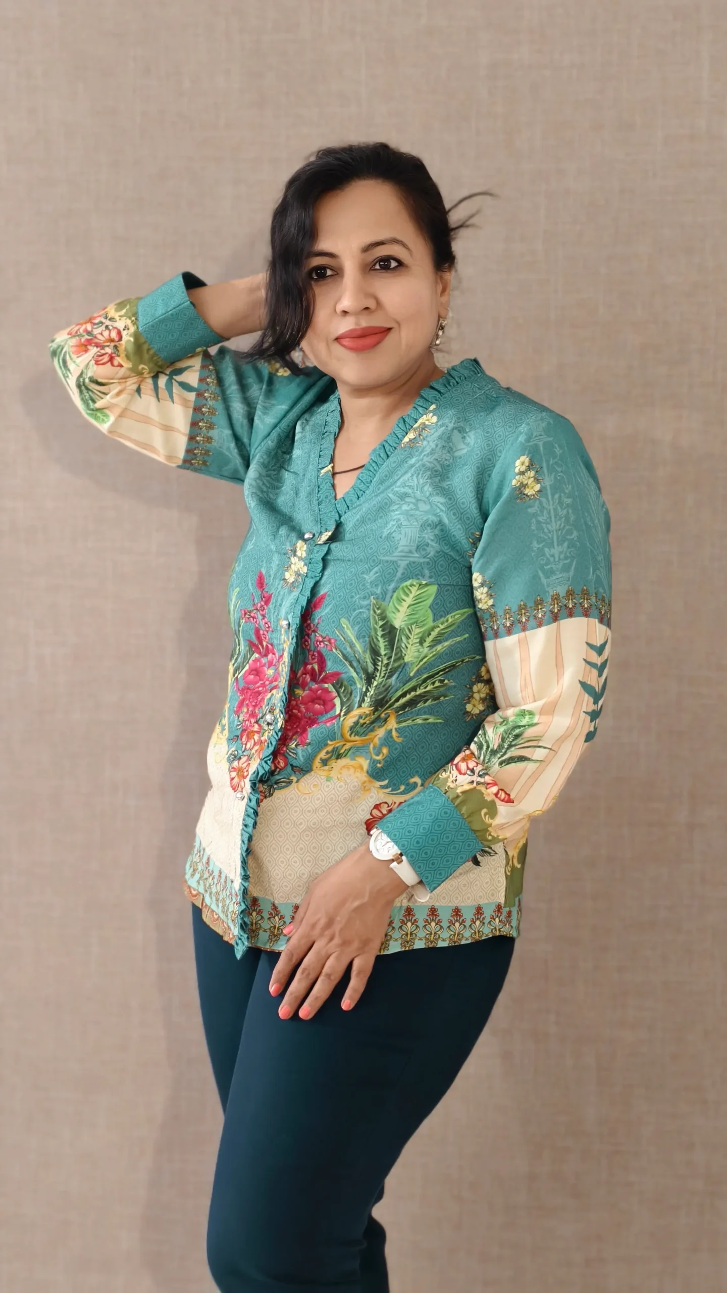 Nine2Five Teal Printed Cotton Shirt Top – Bold Summer Casual Wear