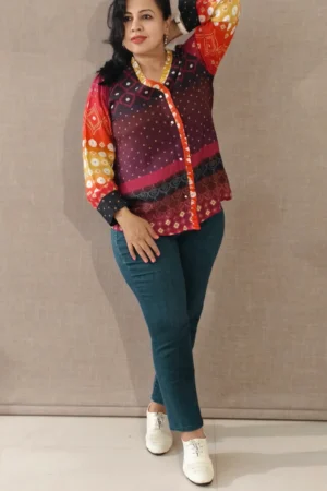 Nine2Five Multicolor Cotton Western Top with Full Sleeves & Cuff