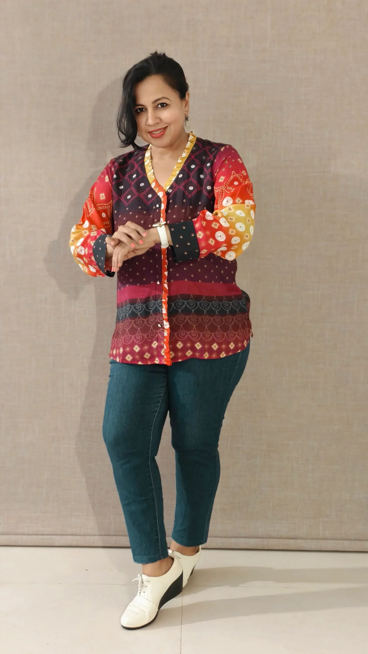 Nine2Five Multicolor Cotton Western Top with Full Sleeves & Cuff