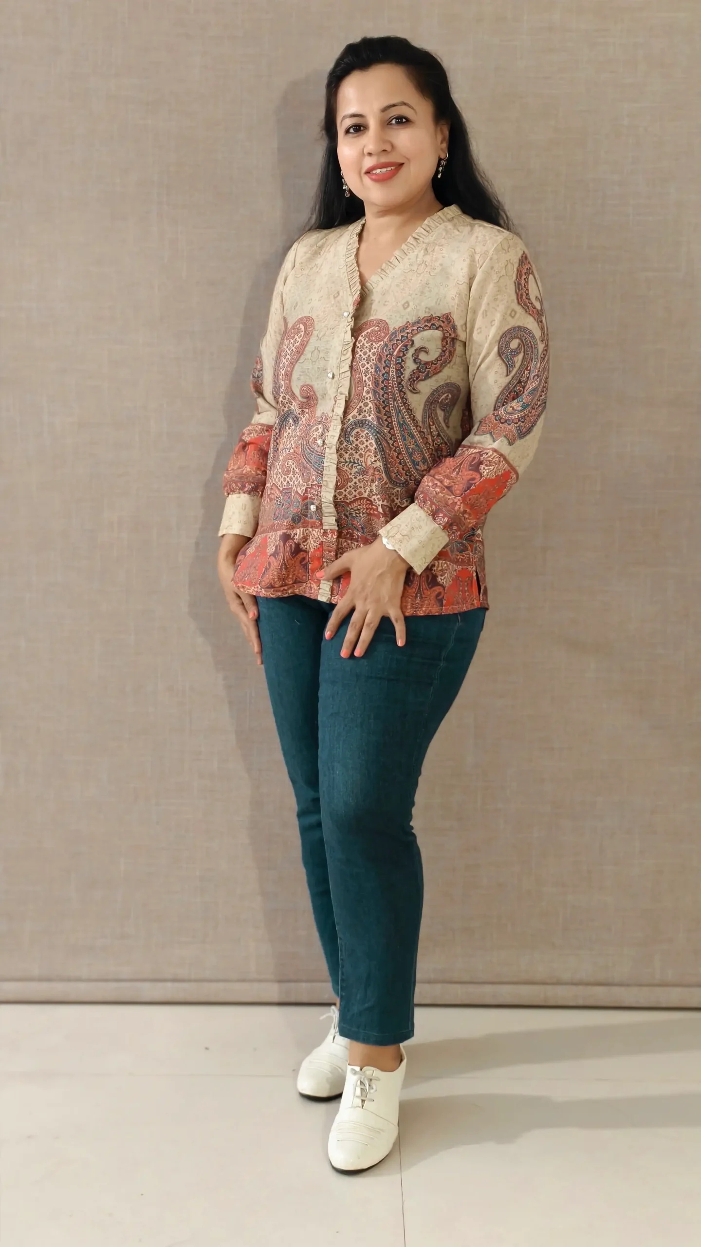 Nine2Five Beige Paisley Digital Print Cotton Top