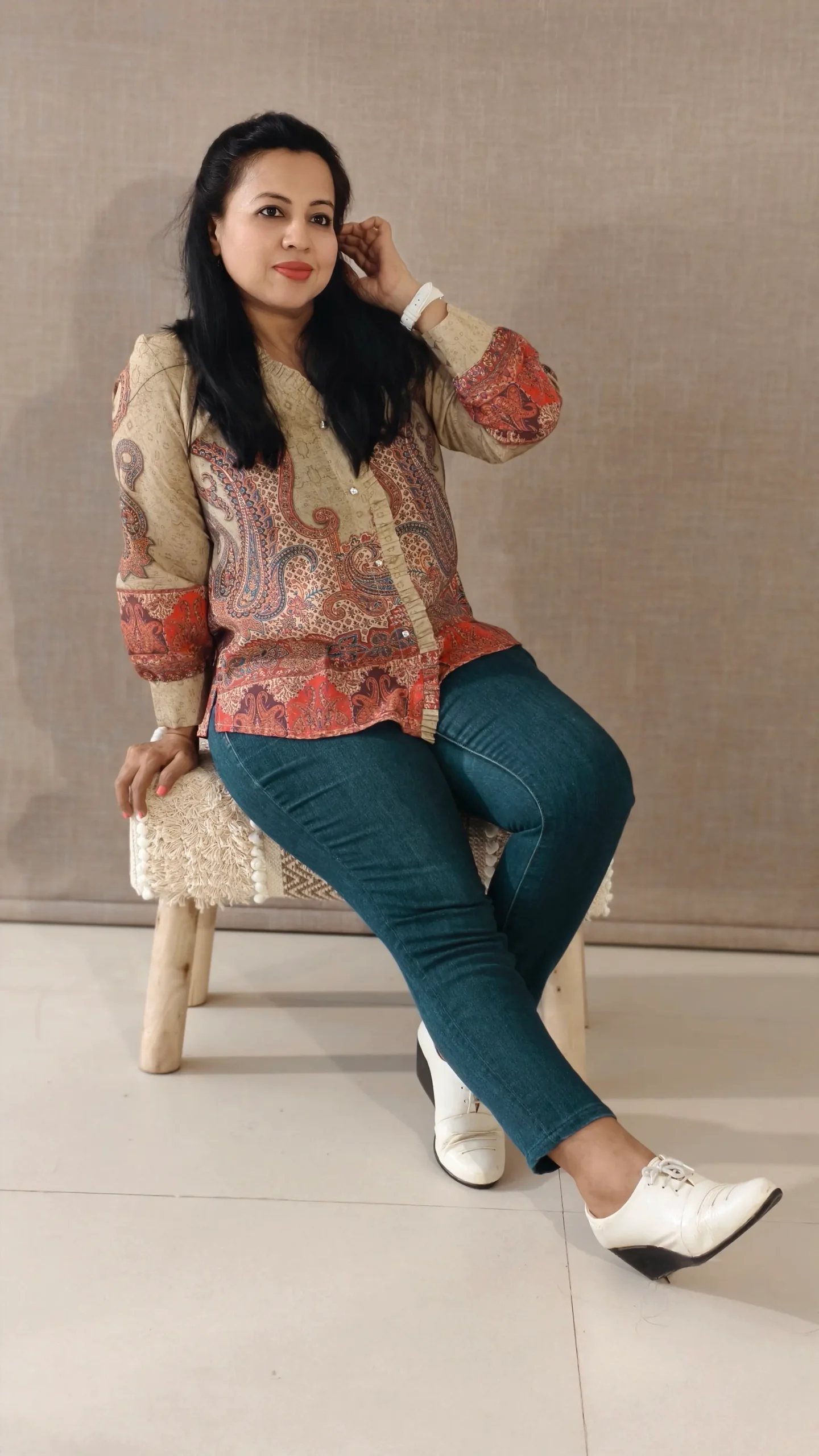 Nine2Five Beige Paisley Digital Print Cotton Top