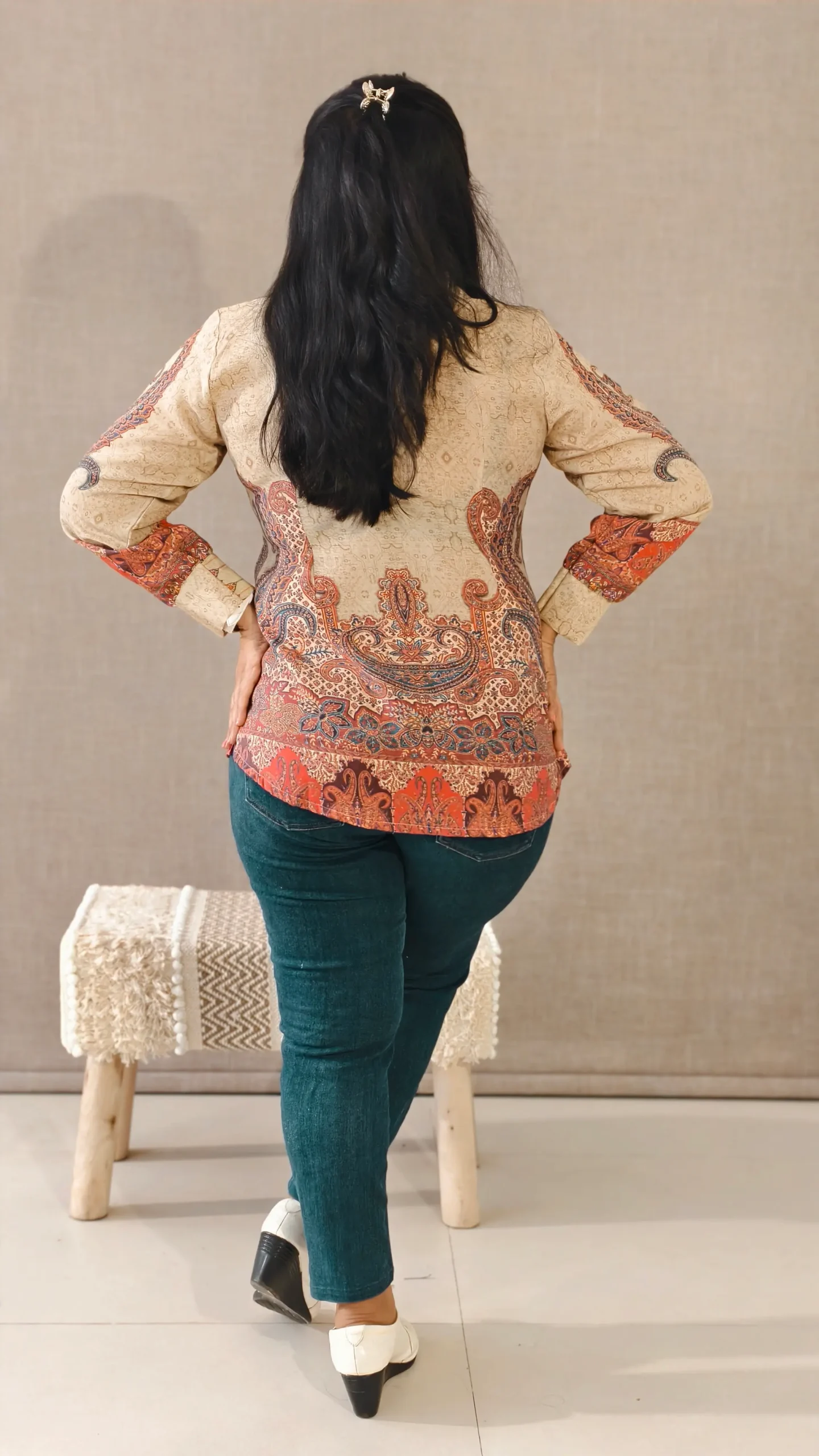 Nine2Five Beige Paisley Digital Print Cotton Top