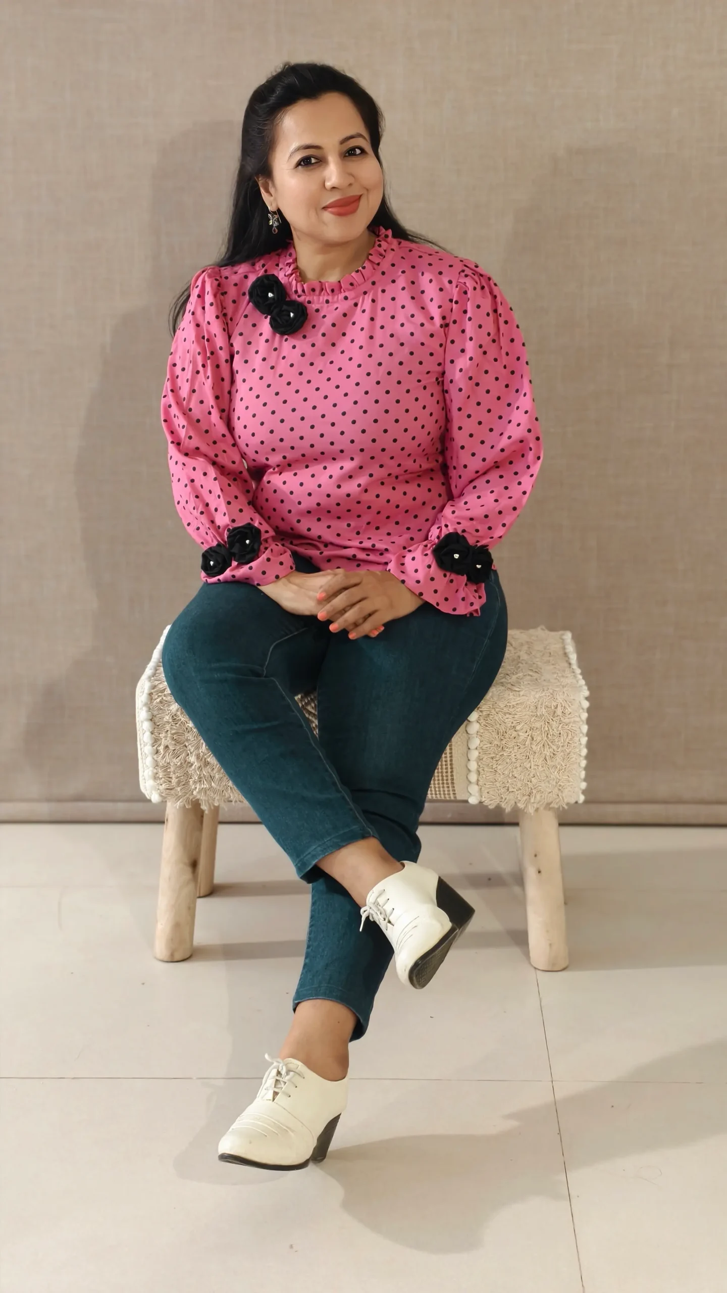 Nine2Five Pink Polka Dot Rayon Cotton Top for Women – High Neck Peasant Sleeve Western Top