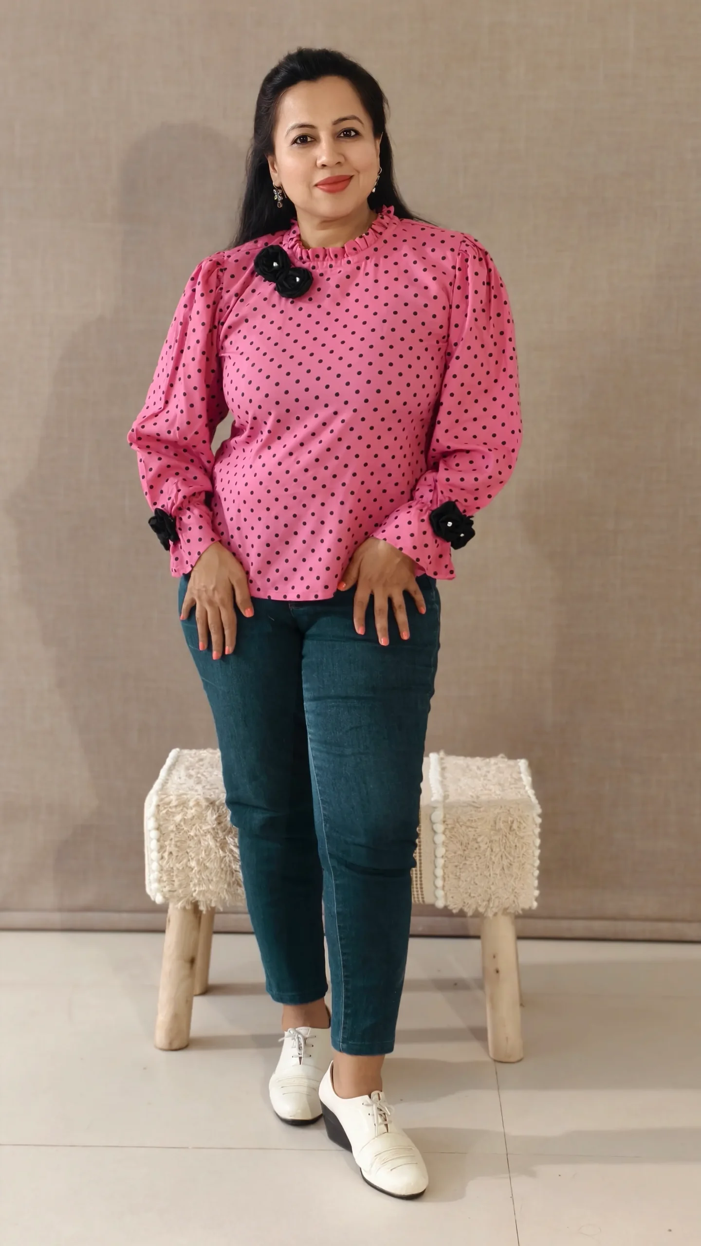 Nine2Five Pink Polka Dot Rayon Cotton Top for Women – High Neck Peasant Sleeve Western Top
