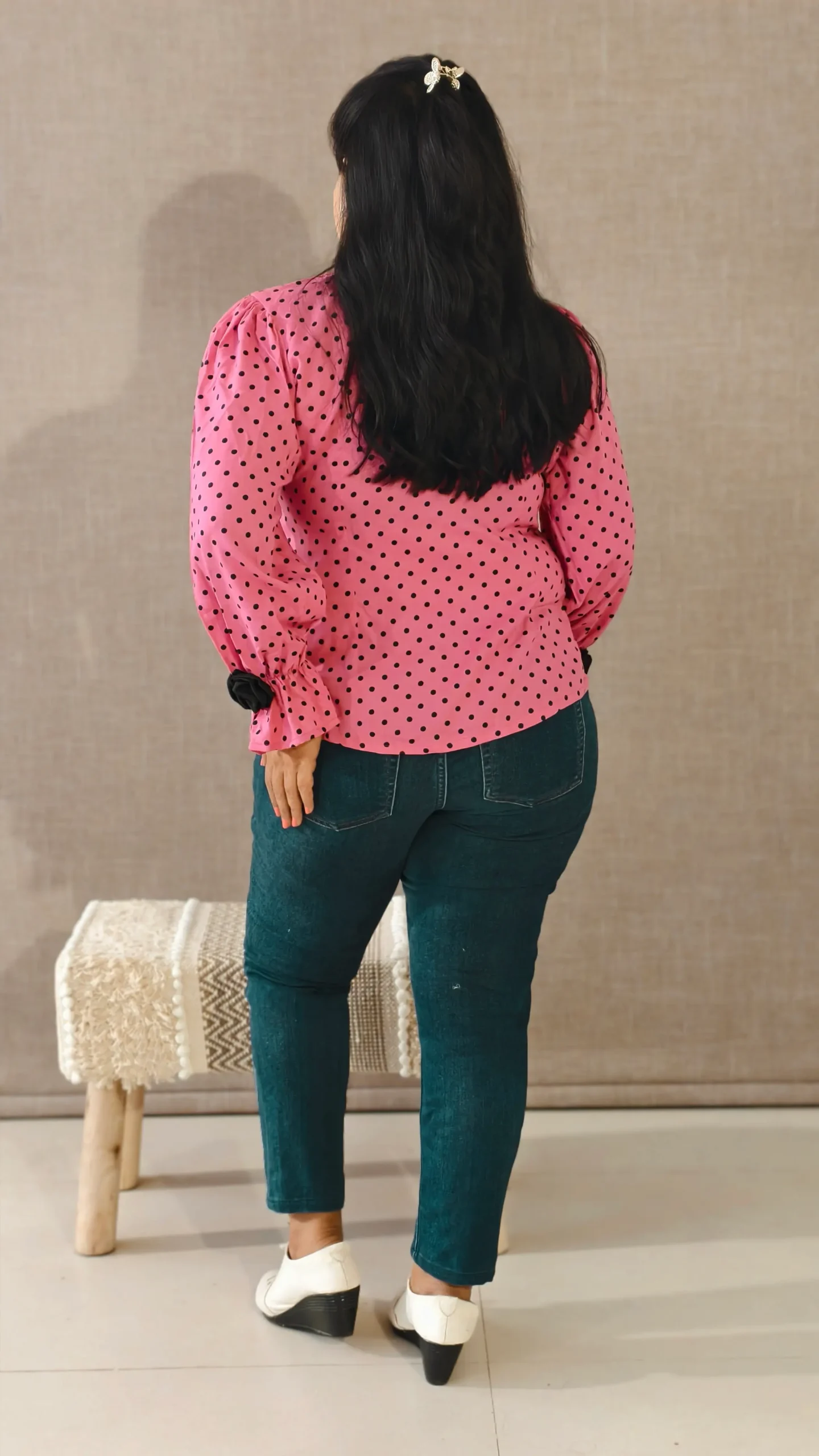 Nine2Five Pink Polka Dot Rayon Cotton Top for Women – High Neck Peasant Sleeve Western Top