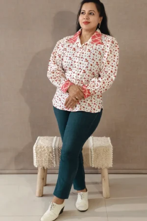 White Rayon Cotton Floral Peasant Shirt with Lace Detailing