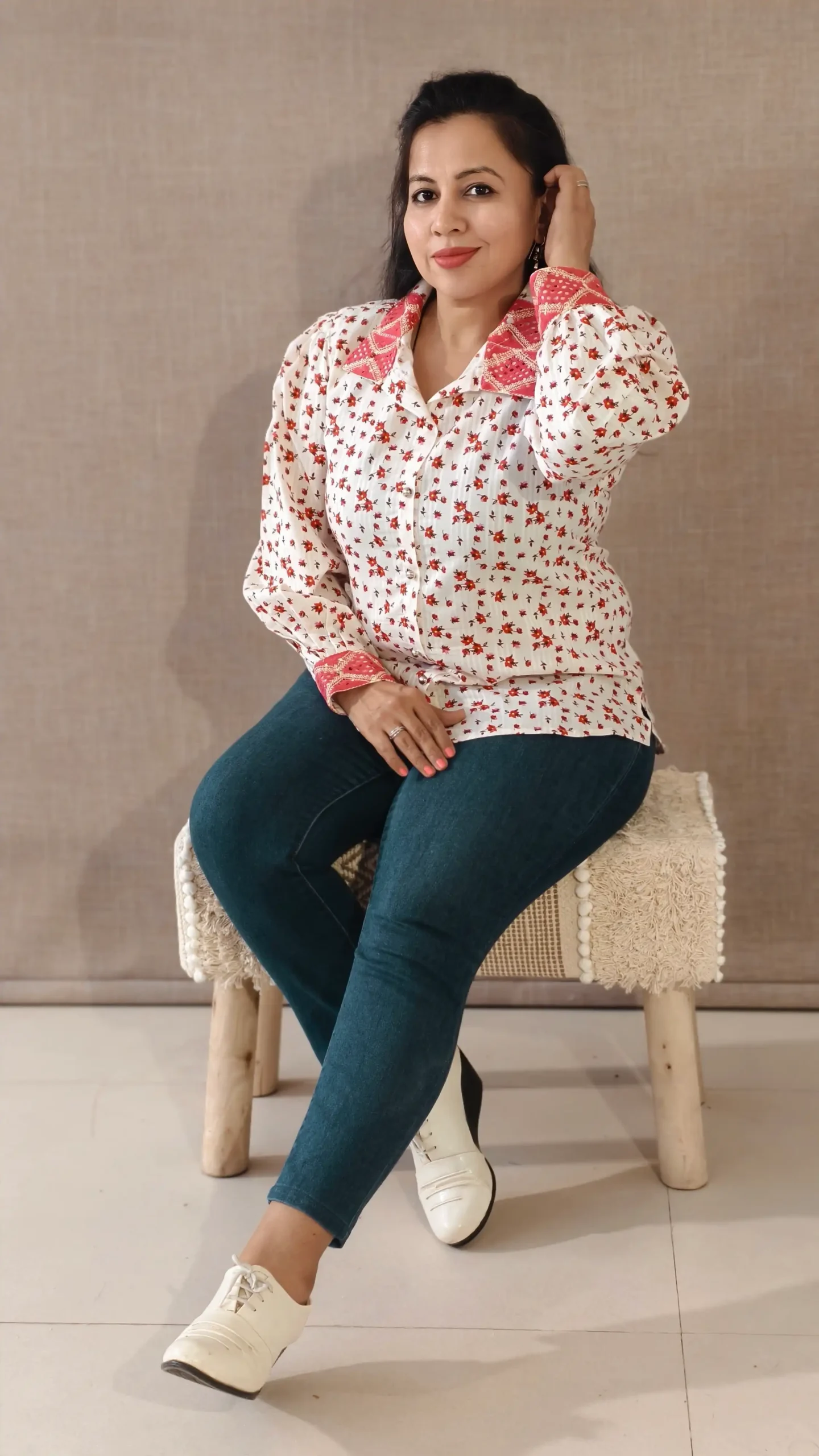 White Rayon Cotton Floral Peasant Shirt with Lace Detailing