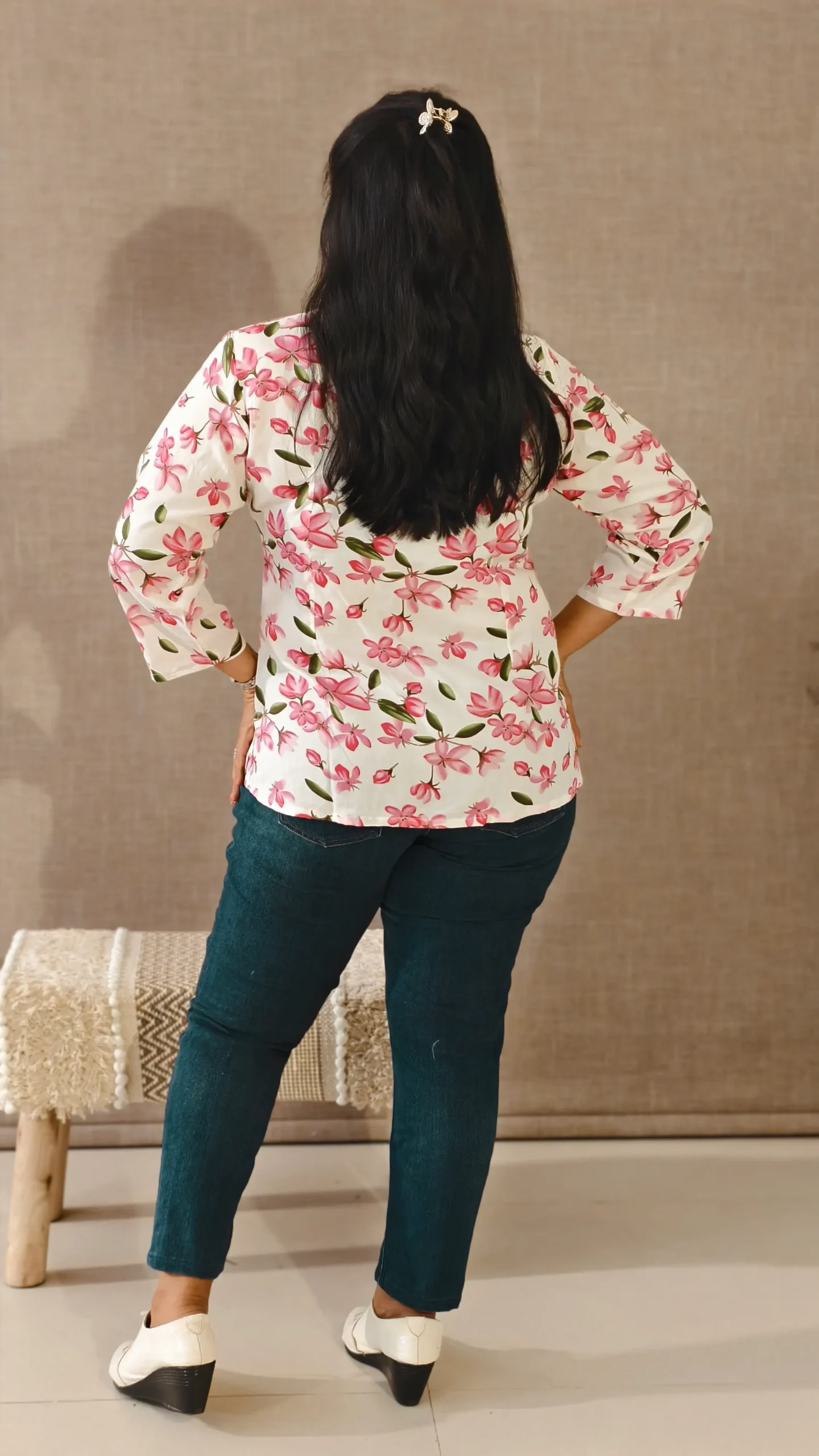 Nine2Five White Floral Rayon High Neck Top with Front Pleats