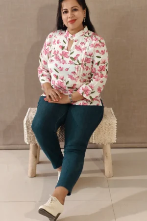 Nine2Five White Floral Rayon High Neck Top with Front Pleats