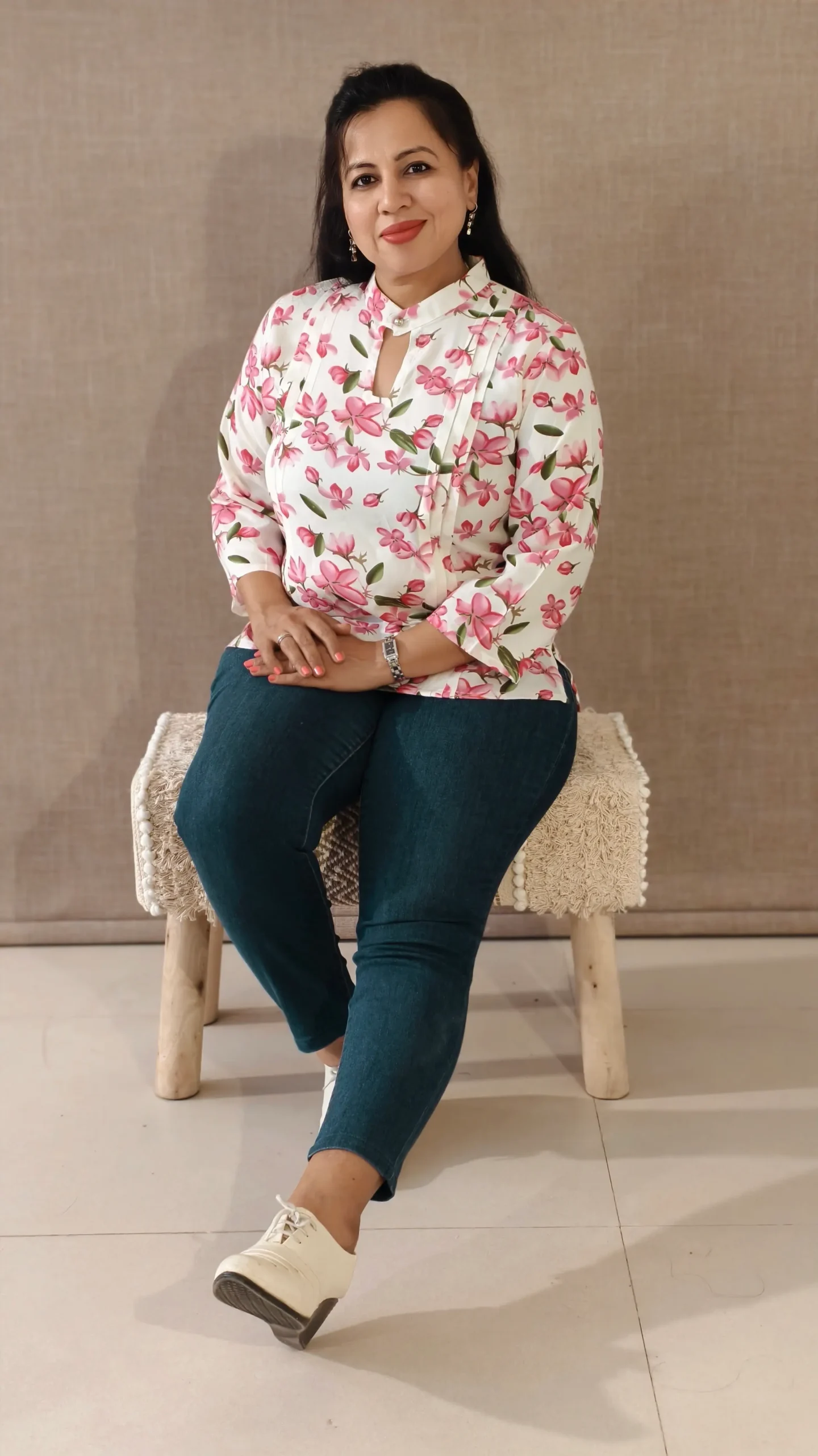 Nine2Five White Floral Rayon High Neck Top with Front Pleats