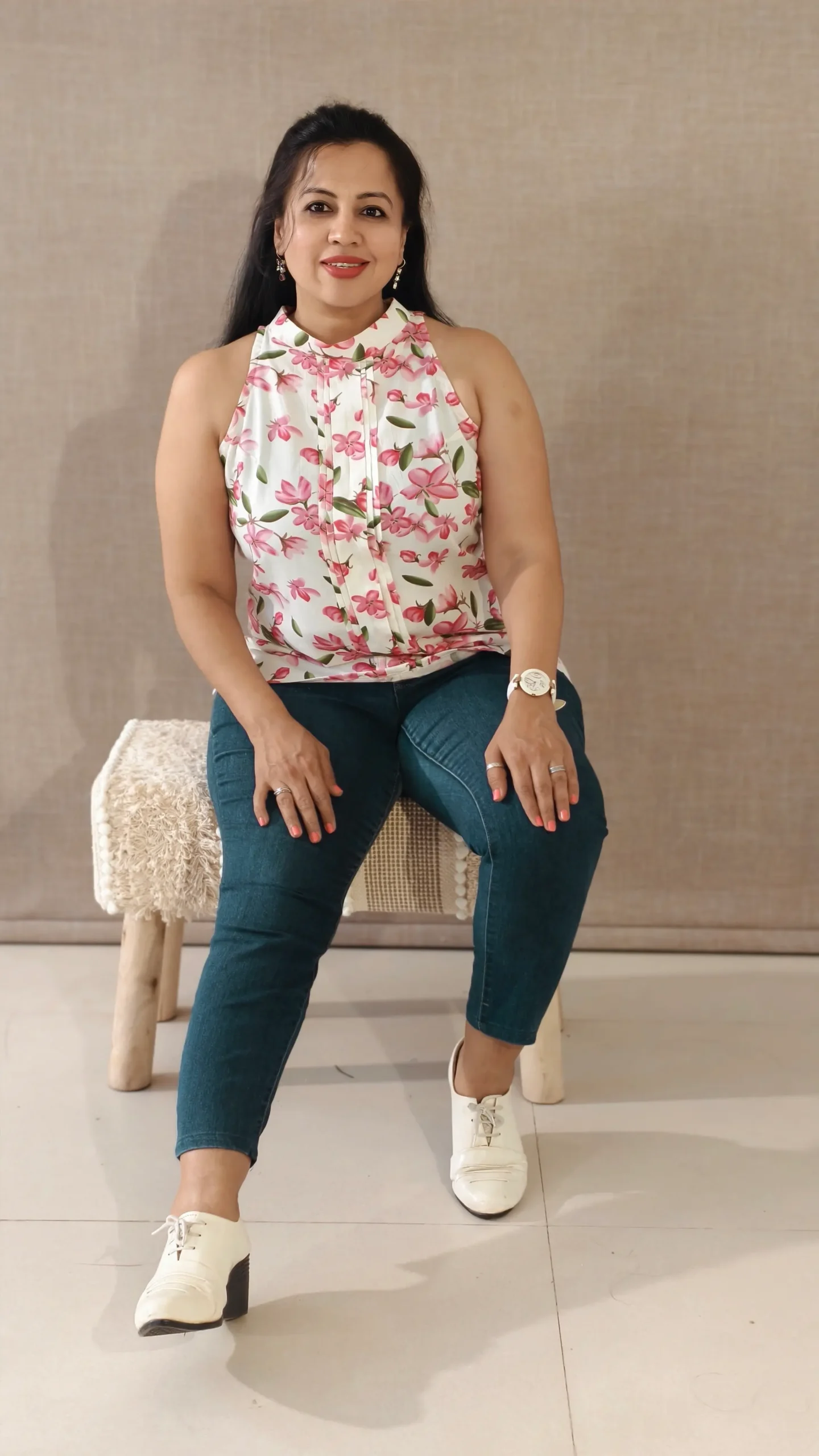 Nine2Five White Floral Rayon Halter Neck Summer Top