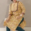 Nine2Five Saffron Mango Kalamkari Cotton Kurti with Lace & 3/4 Sleeves
