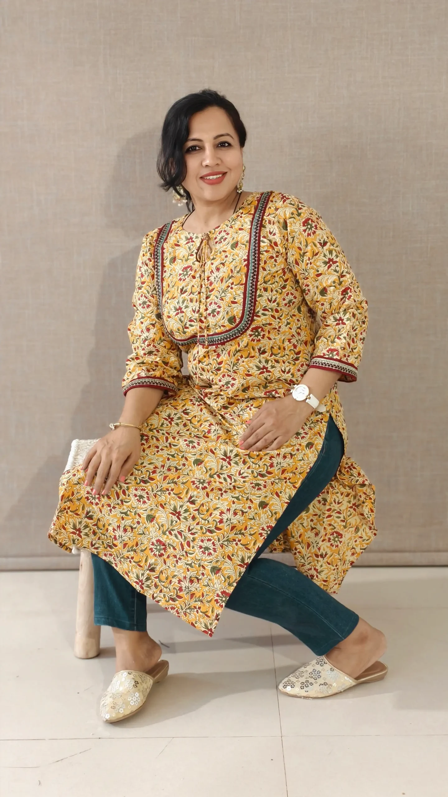 Nine2Five Saffron Mango Kalamkari Cotton Kurti with Lace & 3/4 Sleeves