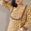 Nine2Five Saffron Mango Kalamkari Cotton Kurti with Lace & 3/4 Sleeves