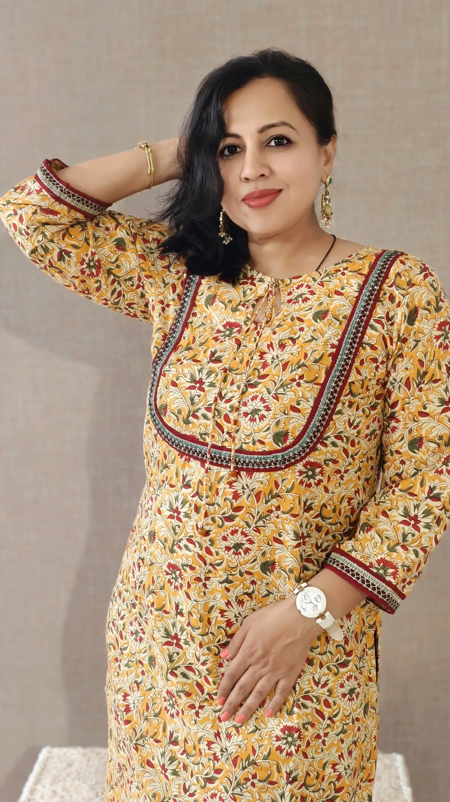 Nine2Five Saffron Mango Kalamkari Cotton Kurti with Lace & 3/4 Sleeves