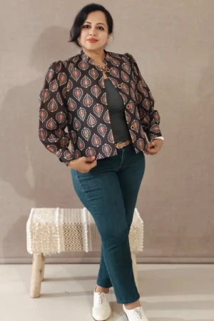 Nine2Five Brown Printed Bamboo Linen Mandarin Collar Blazer