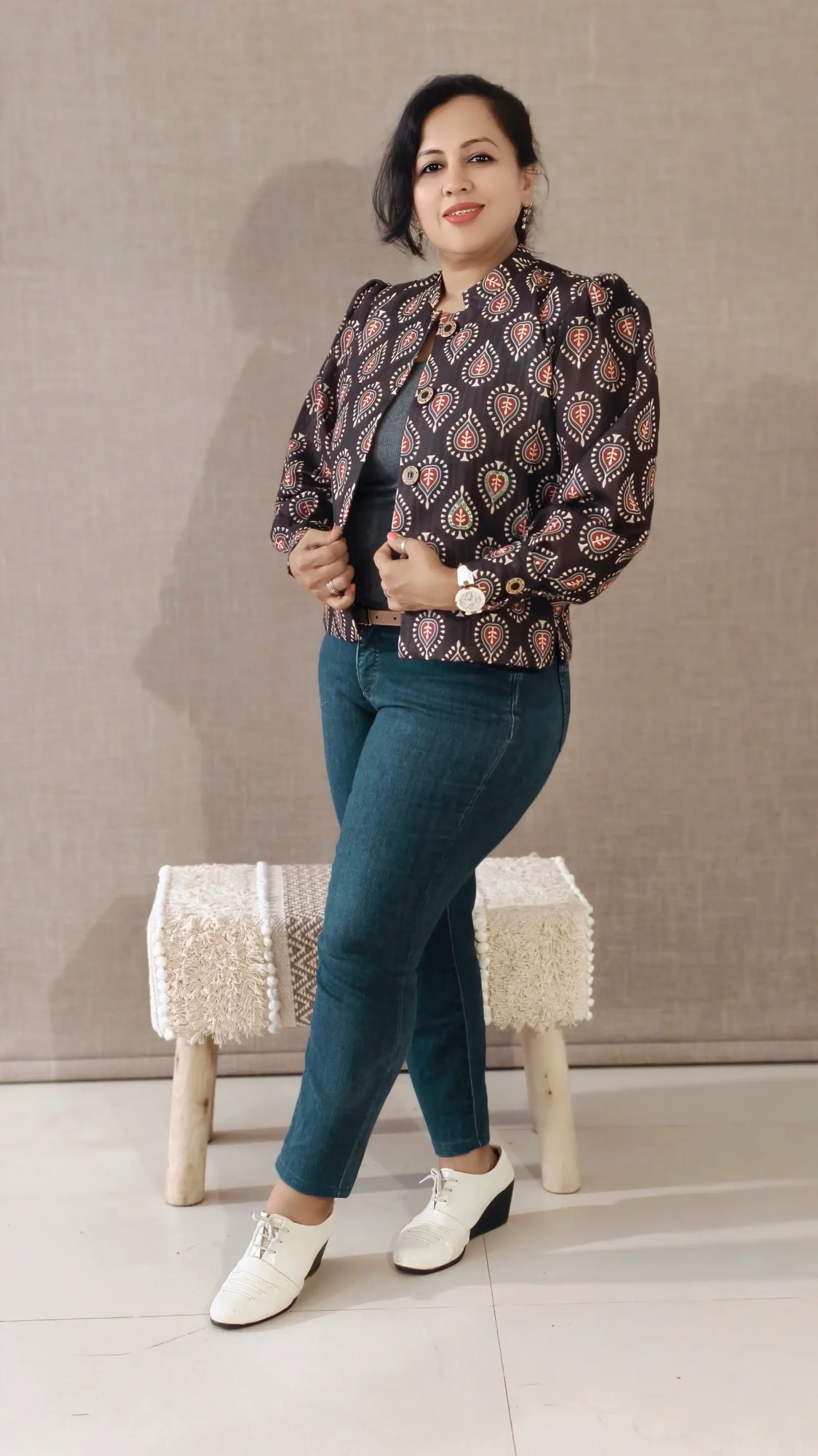 Nine2Five Brown Printed Bamboo Linen Mandarin Collar Blazer