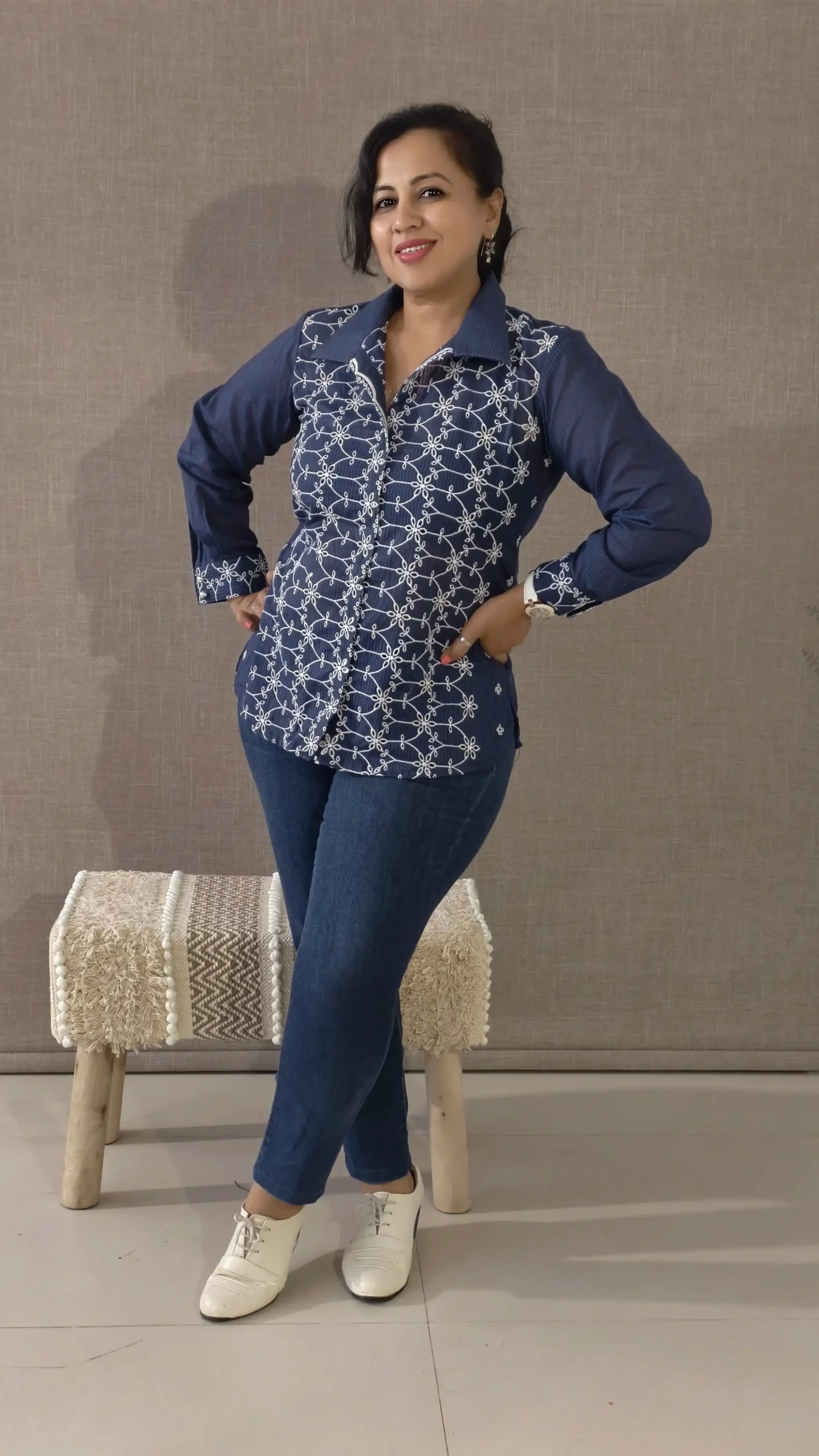 Blue Cotton Hakoba Embroidered Casual Top