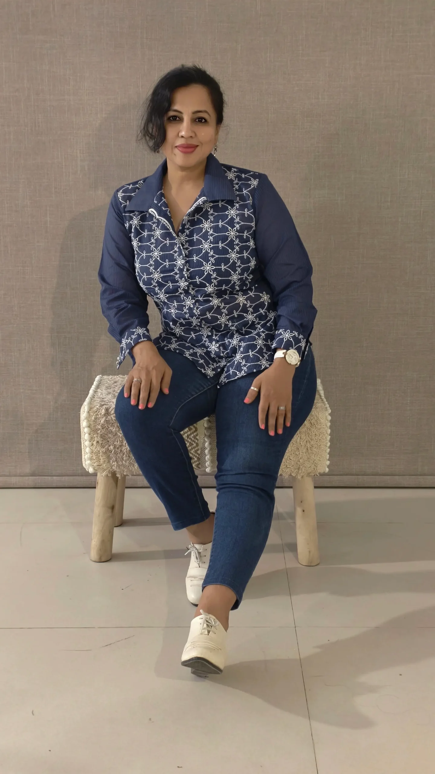 Blue Cotton Hakoba Embroidered Casual Top