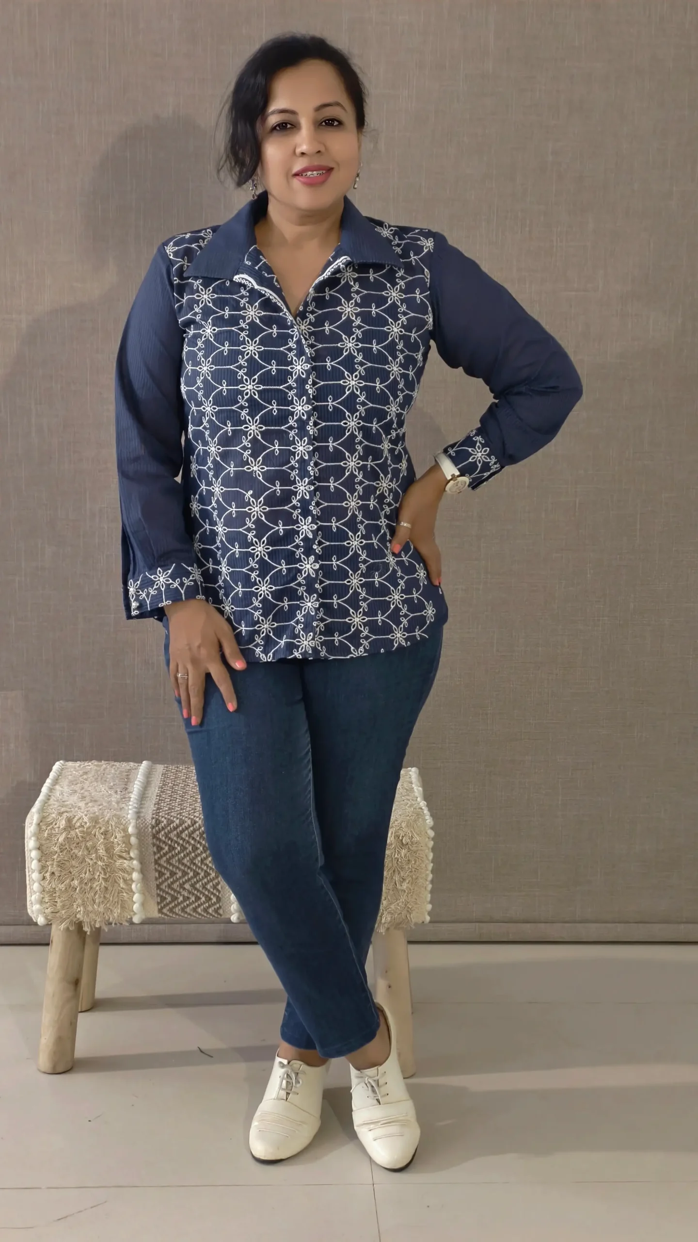 Blue Cotton Hakoba Embroidered Casual Top