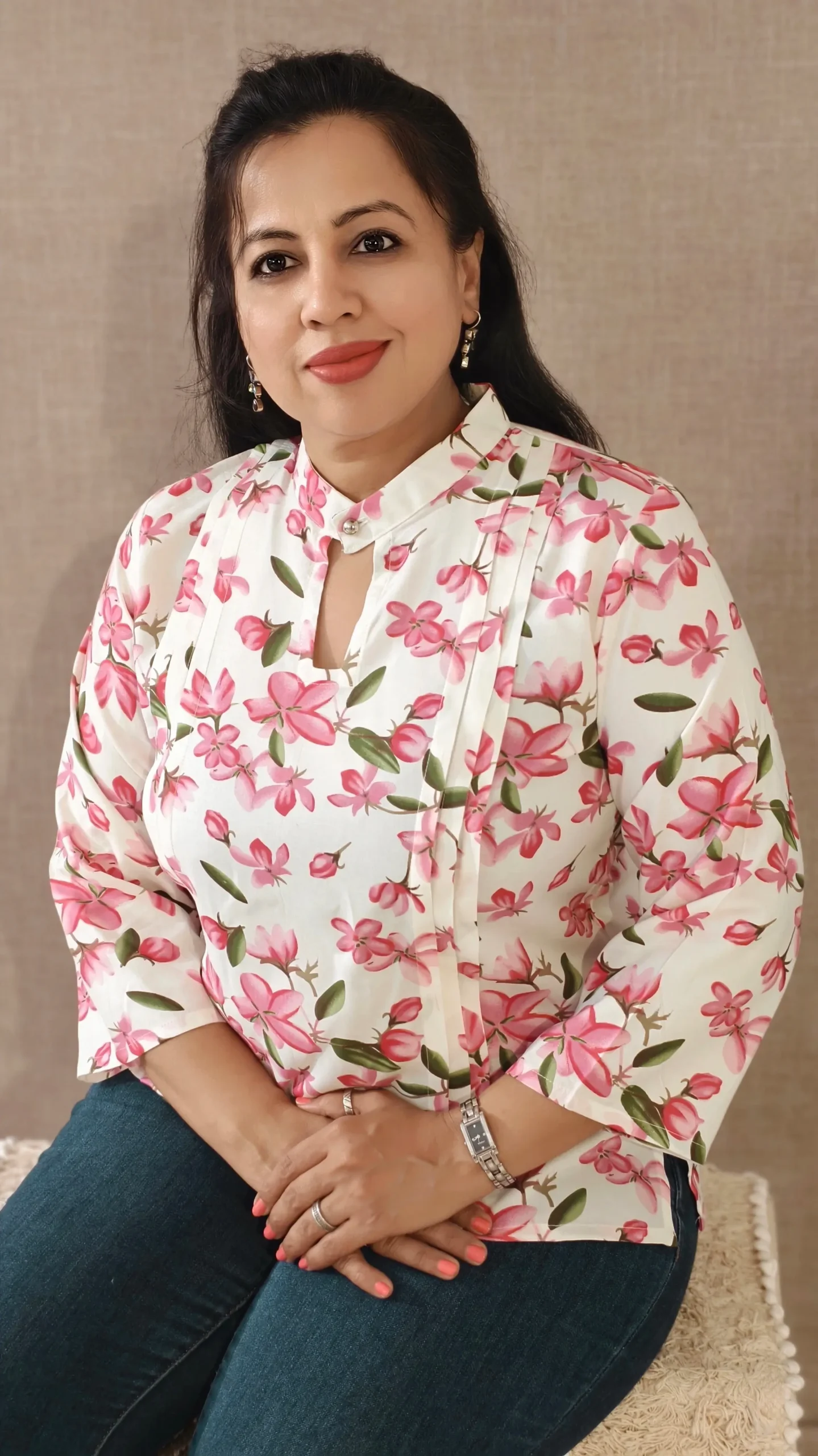 Nine2Five White Floral Rayon High Neck Top with Front Pleats