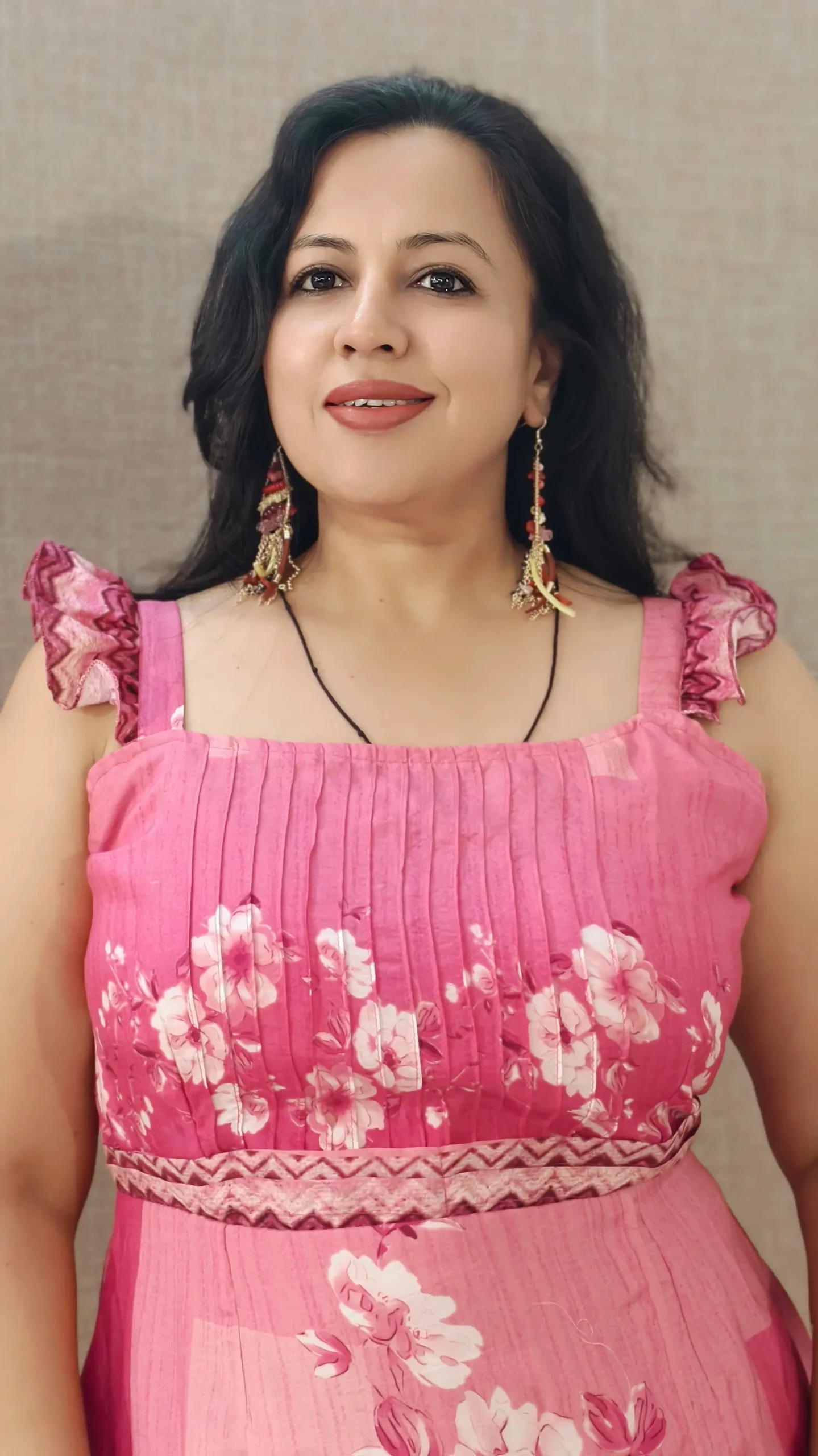 Nine2Five Pink Muslin Printed Midi Dress with Pintuck Yoke & Frill Sleeves