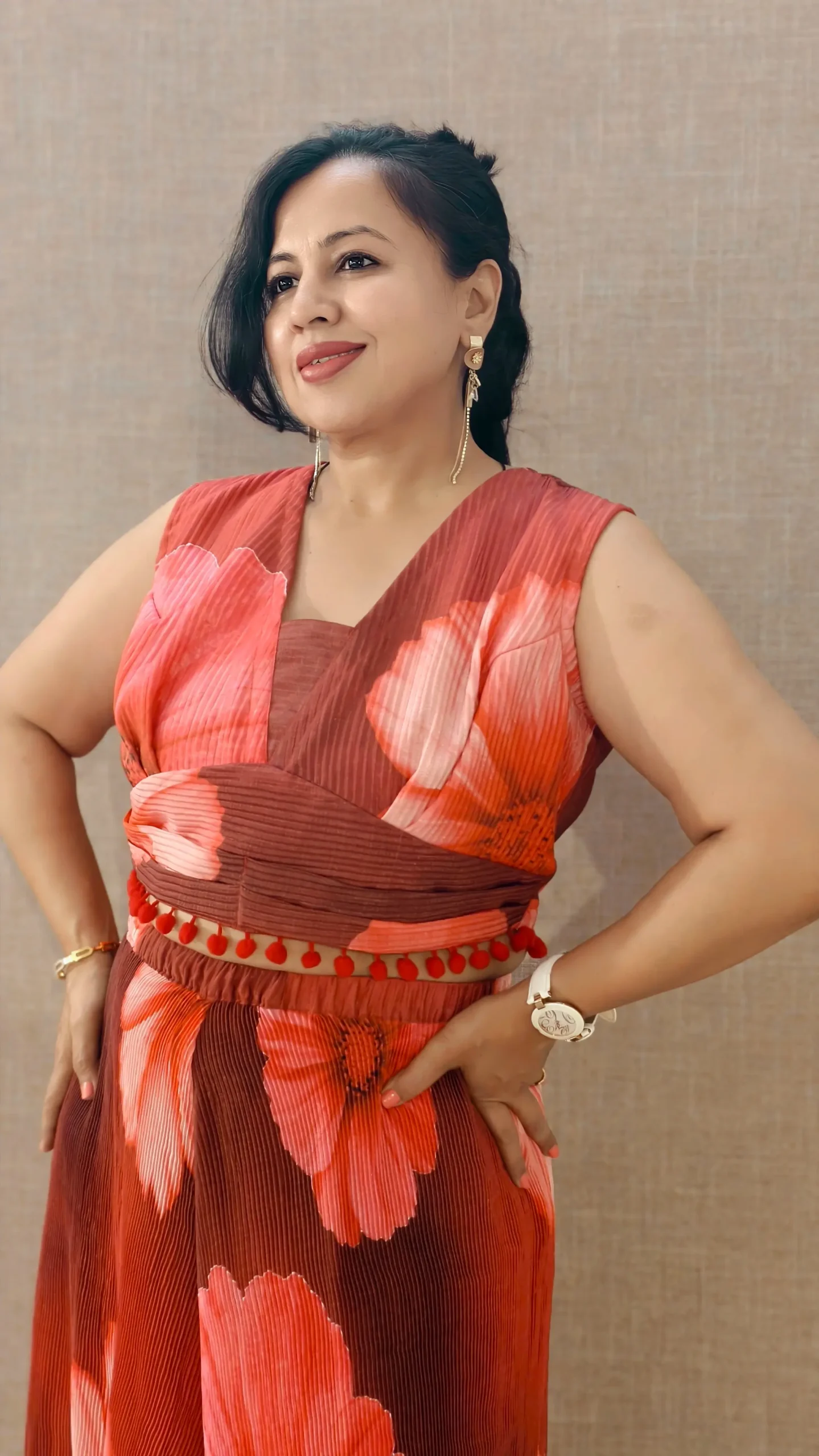 Nine2Five red floral silk co-ord set with pleated crop top and skirt palazzo