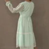 Pastel Green Georgette Midi Dress with Lace Detailing & Tiered Flair