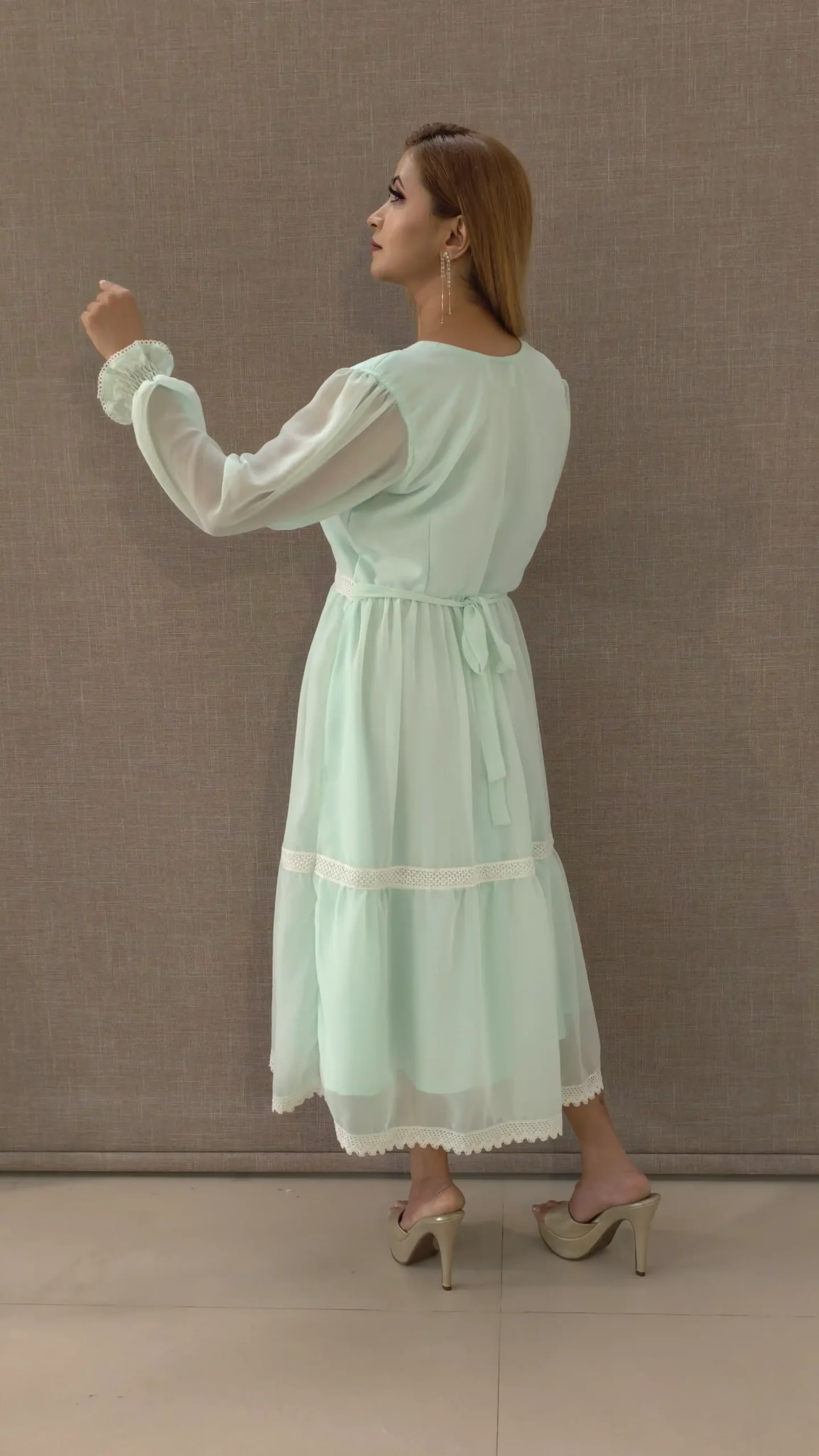 Pastel Green Georgette Midi Dress with Lace Detailing & Tiered Flair