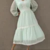 Pastel Green Georgette Midi Dress with Lace Detailing & Tiered Flair