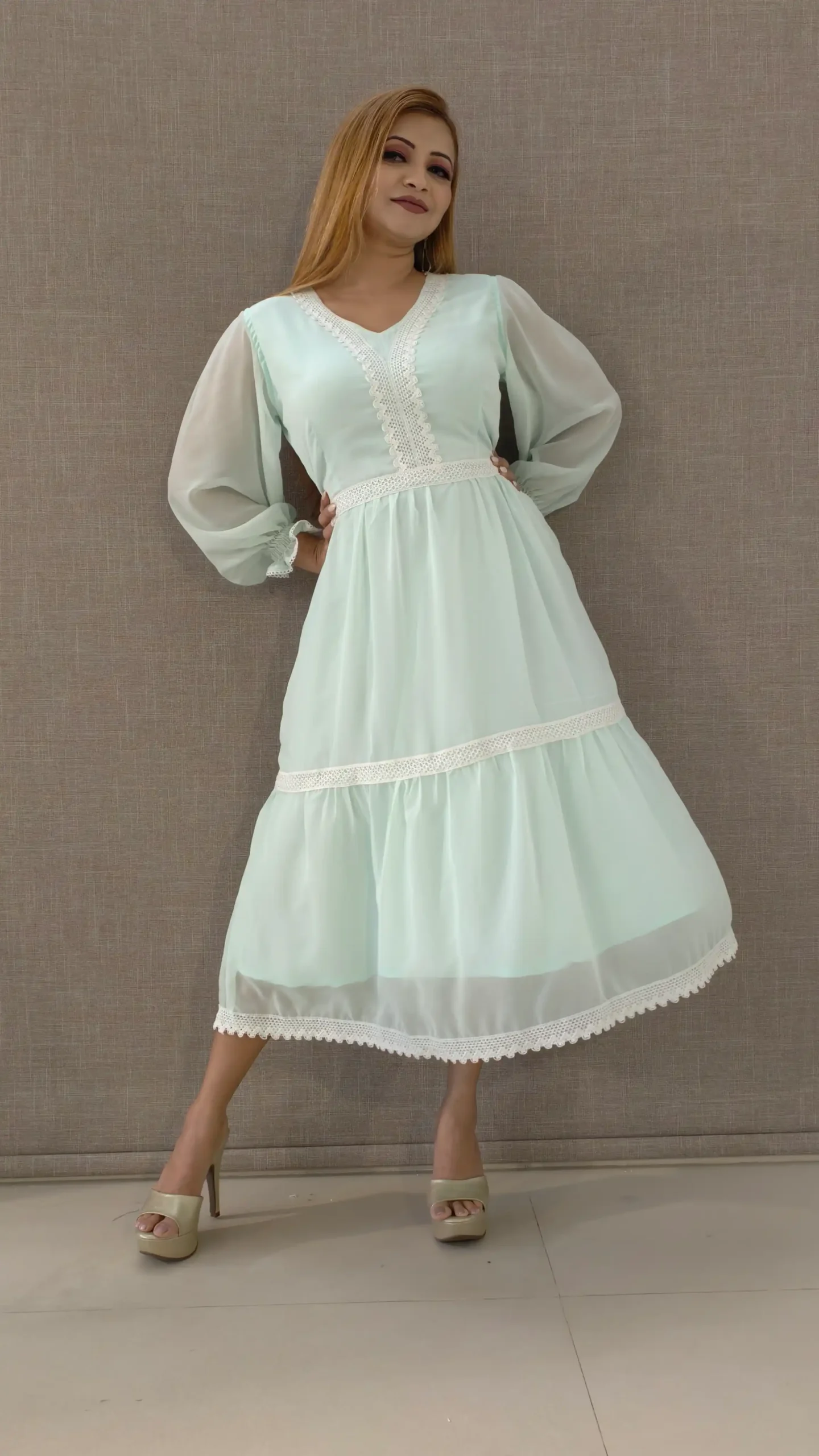 Pastel Green Georgette Midi Dress with Lace Detailing & Tiered Flair