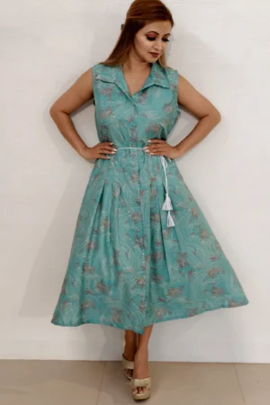 Turquoise Green Digital Print Crepe Midi Dress with Wing Collar – Nine2Five