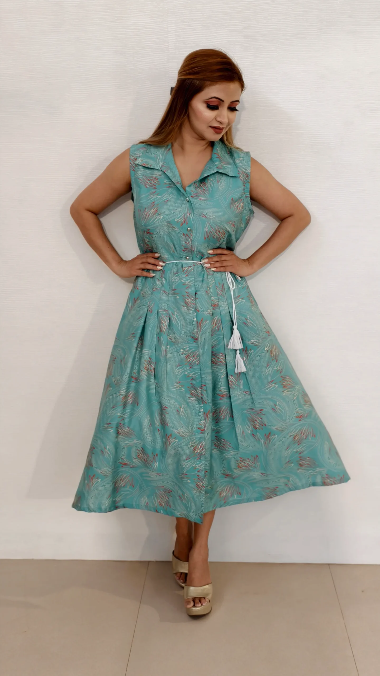 Turquoise Green Digital Print Crepe Midi Dress with Wing Collar – Nine2Five