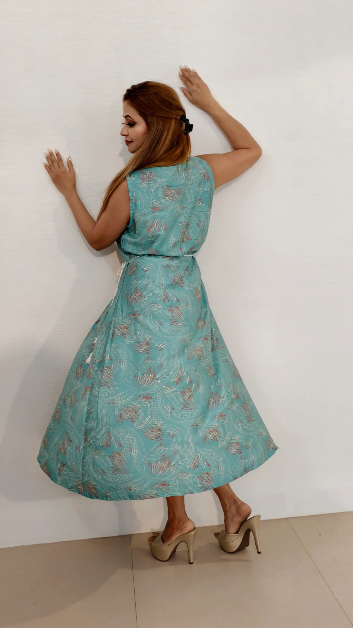 Turquoise Green Digital Print Crepe Midi Dress with Wing Collar – Nine2Five