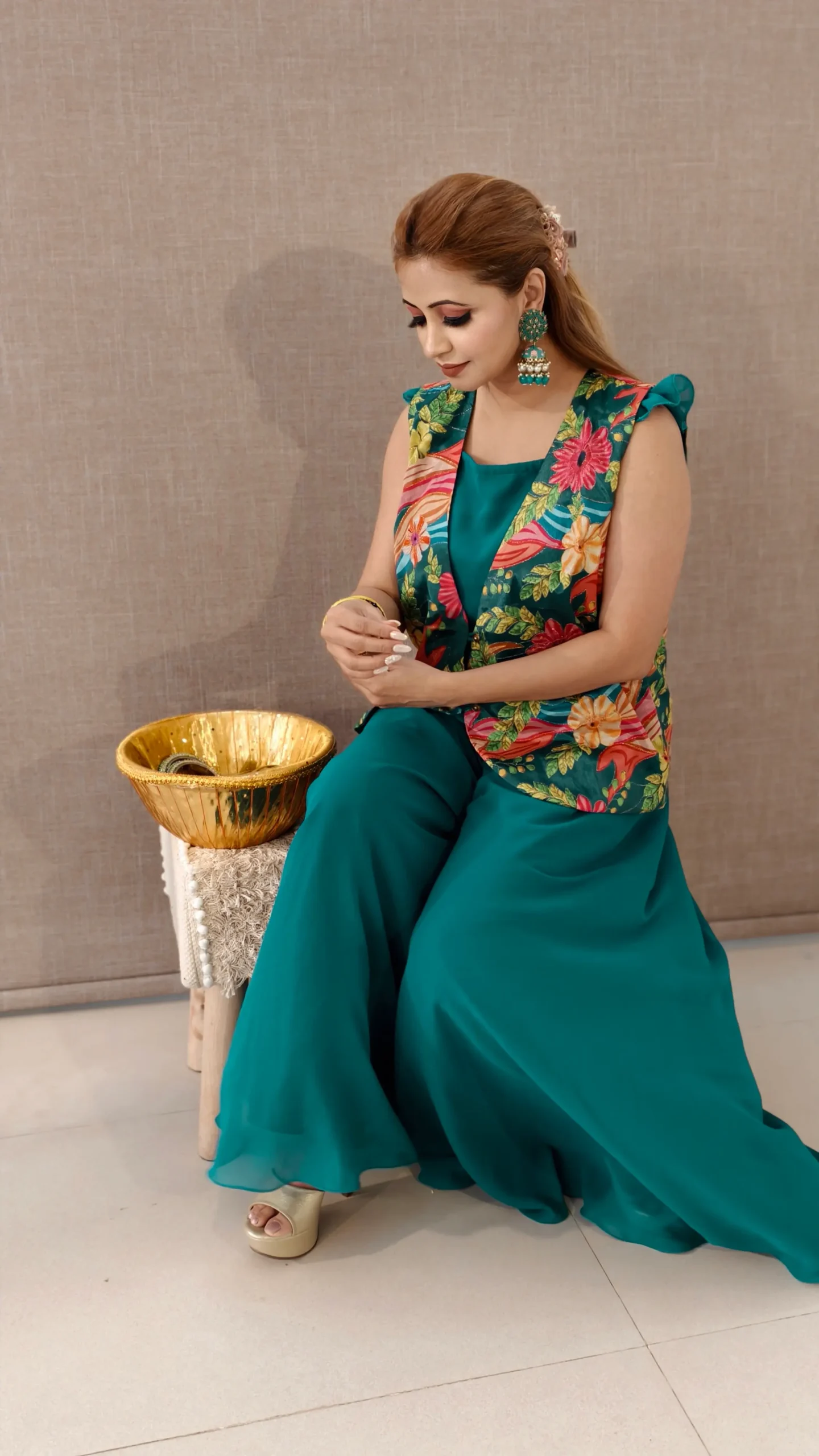 Peacock Green 3-Piece Georgette Palazzo Set with Embroidered Silk Jacket