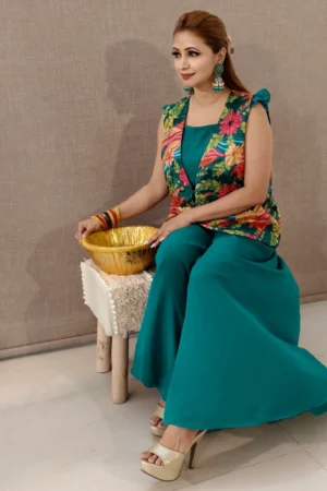 Peacock Green 3-Piece Georgette Palazzo Set with Embroidered Silk Jacket