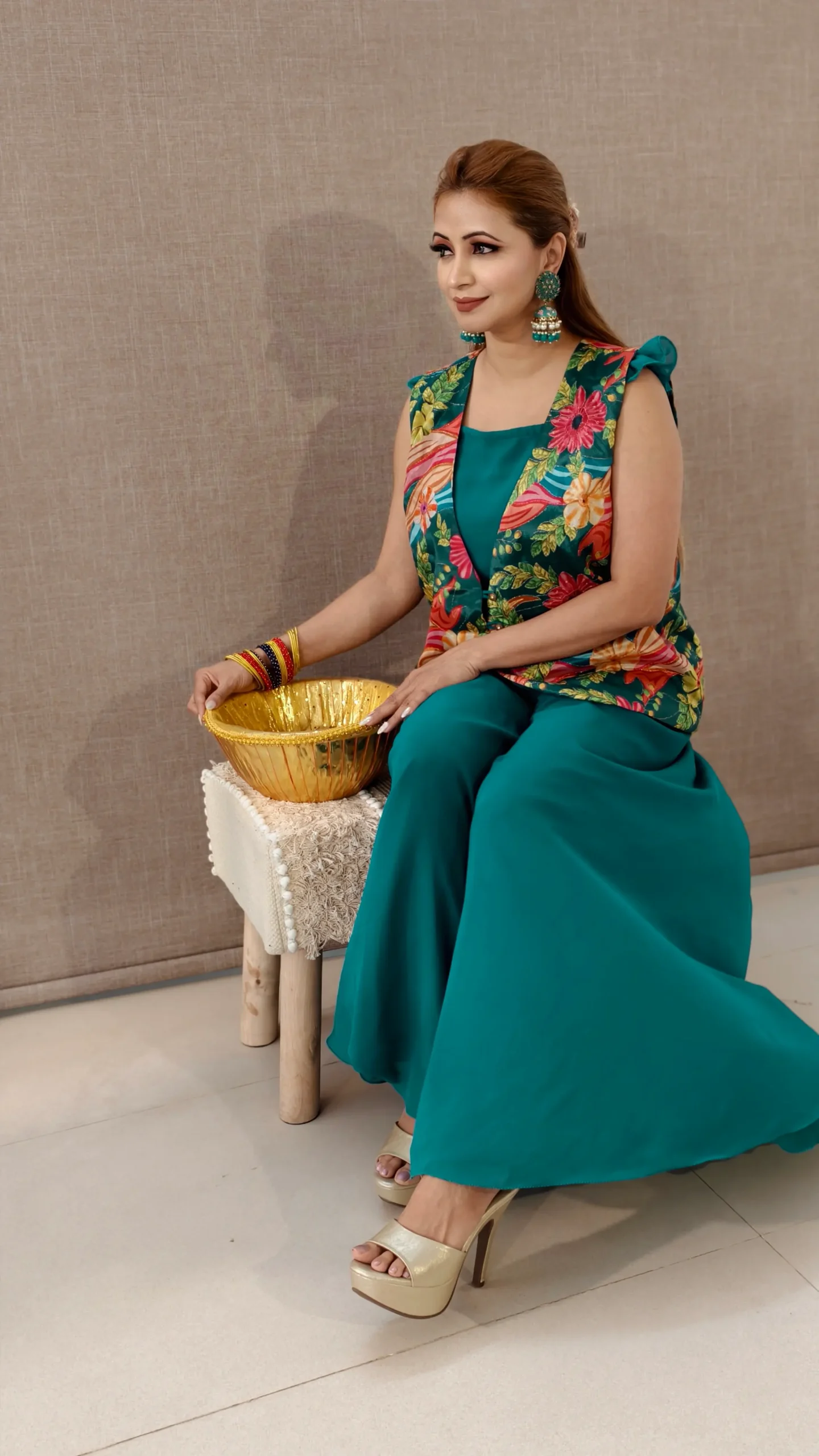 Peacock Green 3-Piece Georgette Palazzo Set with Embroidered Silk Jacket